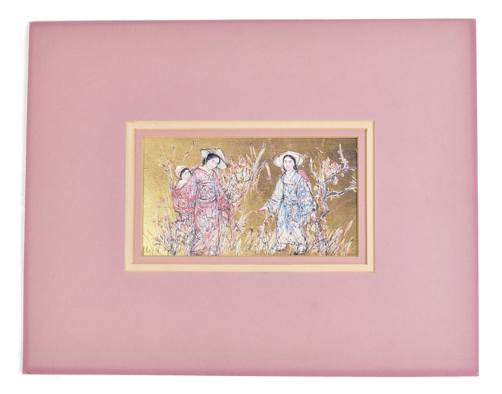 Edna Hibel Japanese Girls Village Farm Artwork Gold Background Painting Signed