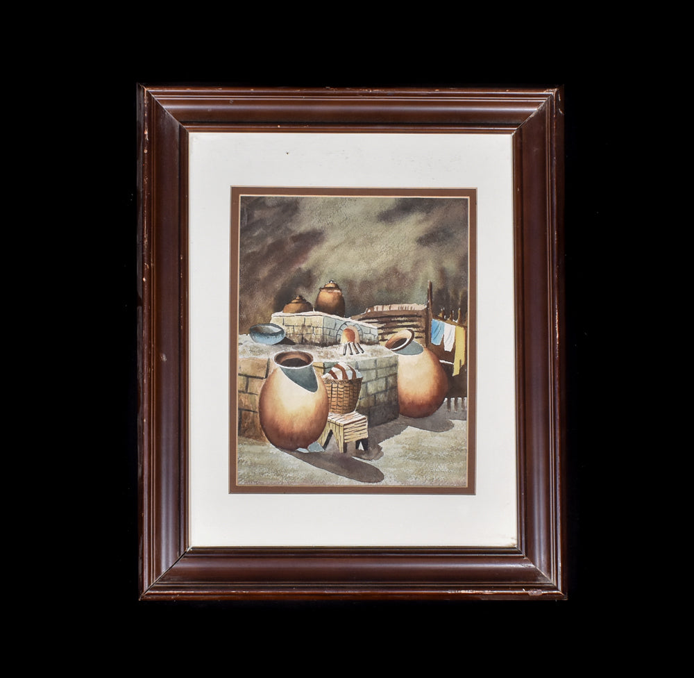 Framed Pottery Painting Original Artwork Signed Southwestern Native American 17x11