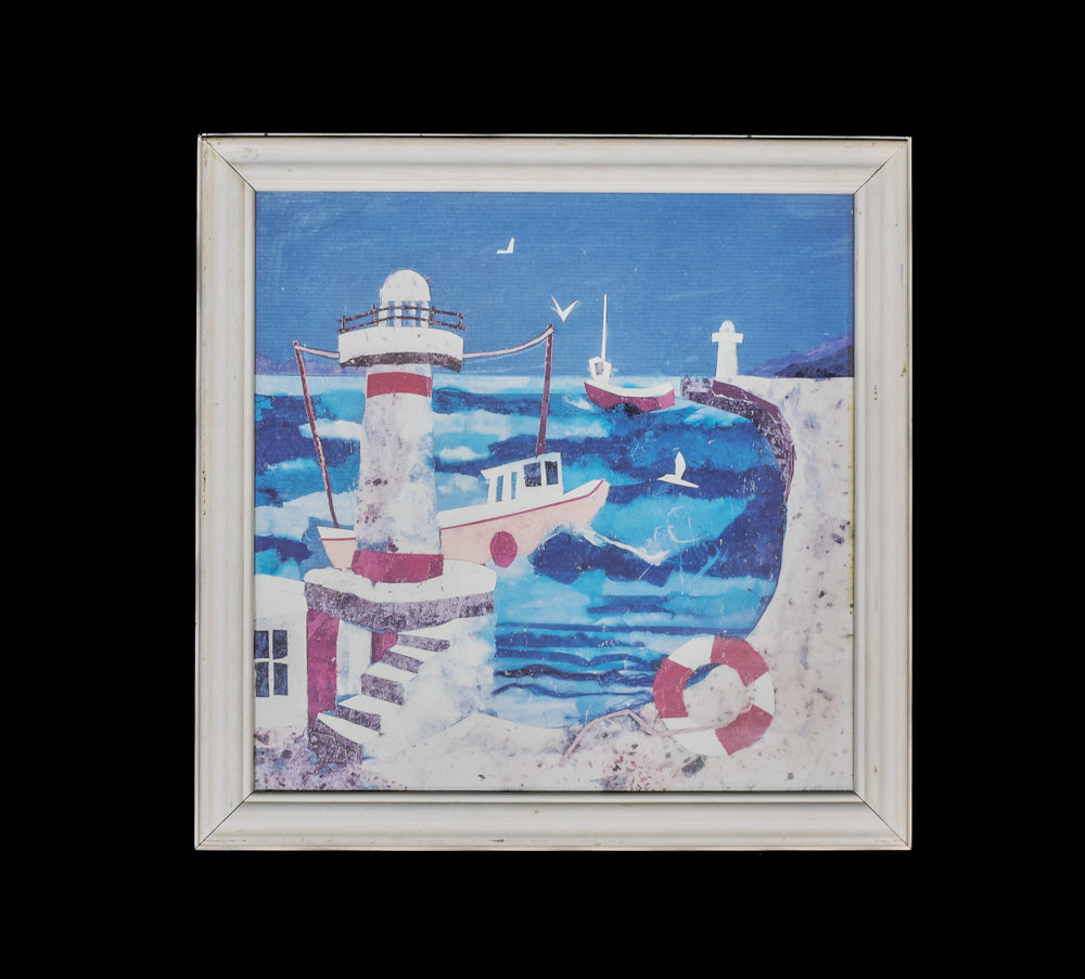 Lighthouse Art Work Beach Home Decor White Wood Framed Picture Art