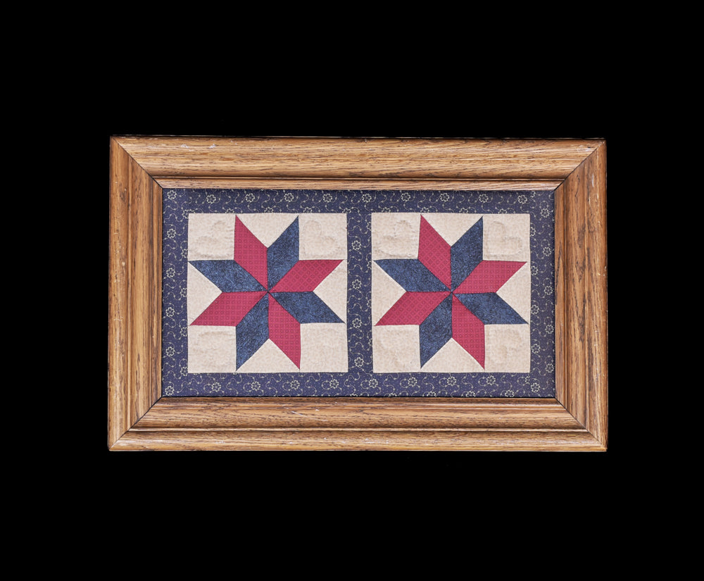 Geometric Mosaic Quilt Work Hand Made Framed Wood 13x21in Red White Blue Star Pattern
