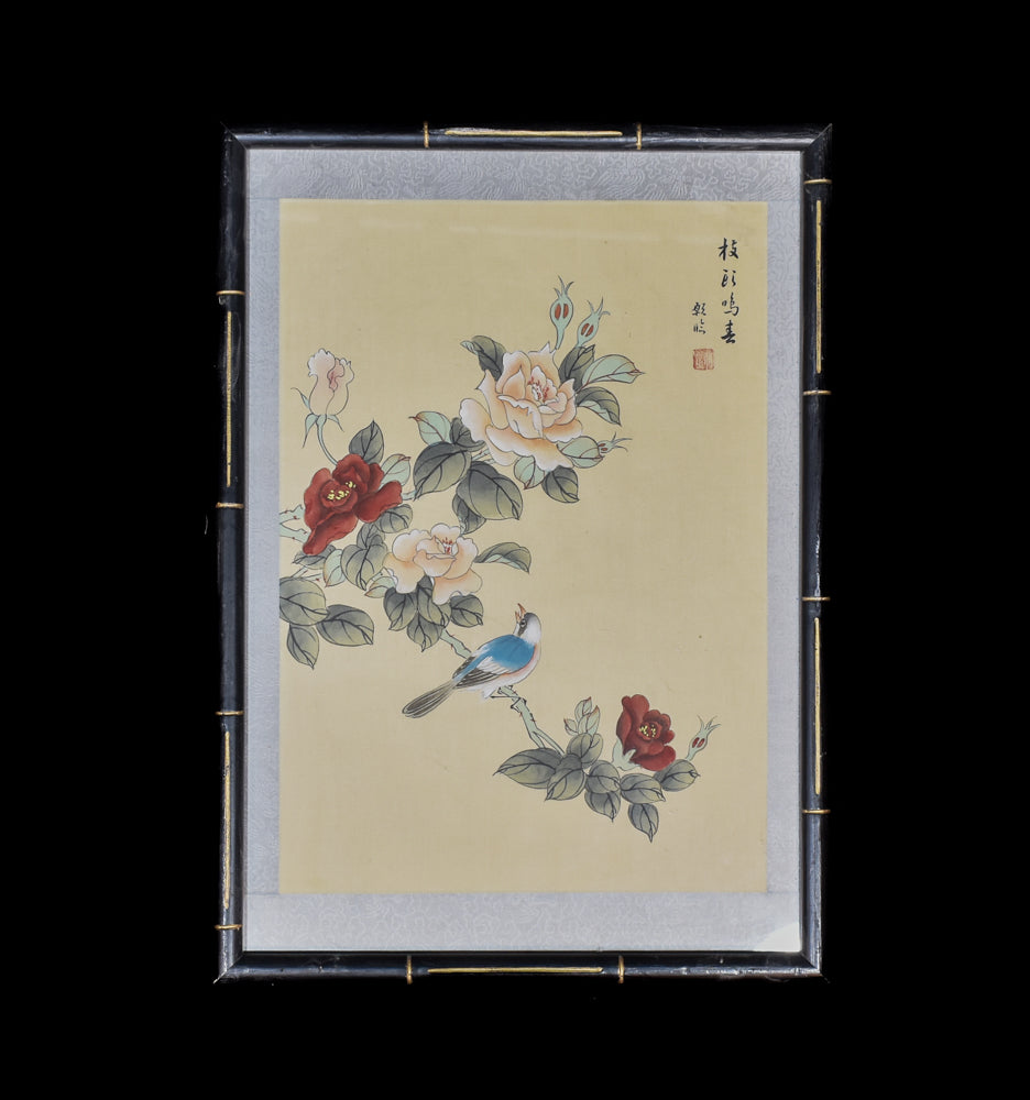 Japan Vintage Artwork Silk Painting Blue Bird on Red Rose Art Framed Black Wood 15x21