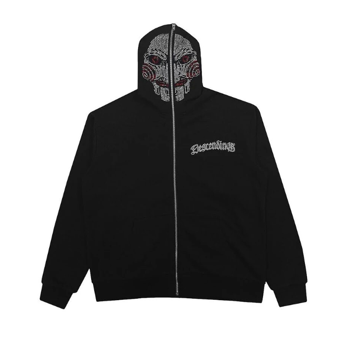 NJNJGO Zip Up Glitter Gothic Y2K Skeleton Face Hooded Sweatshirt Rhinestone Hip Hop Small