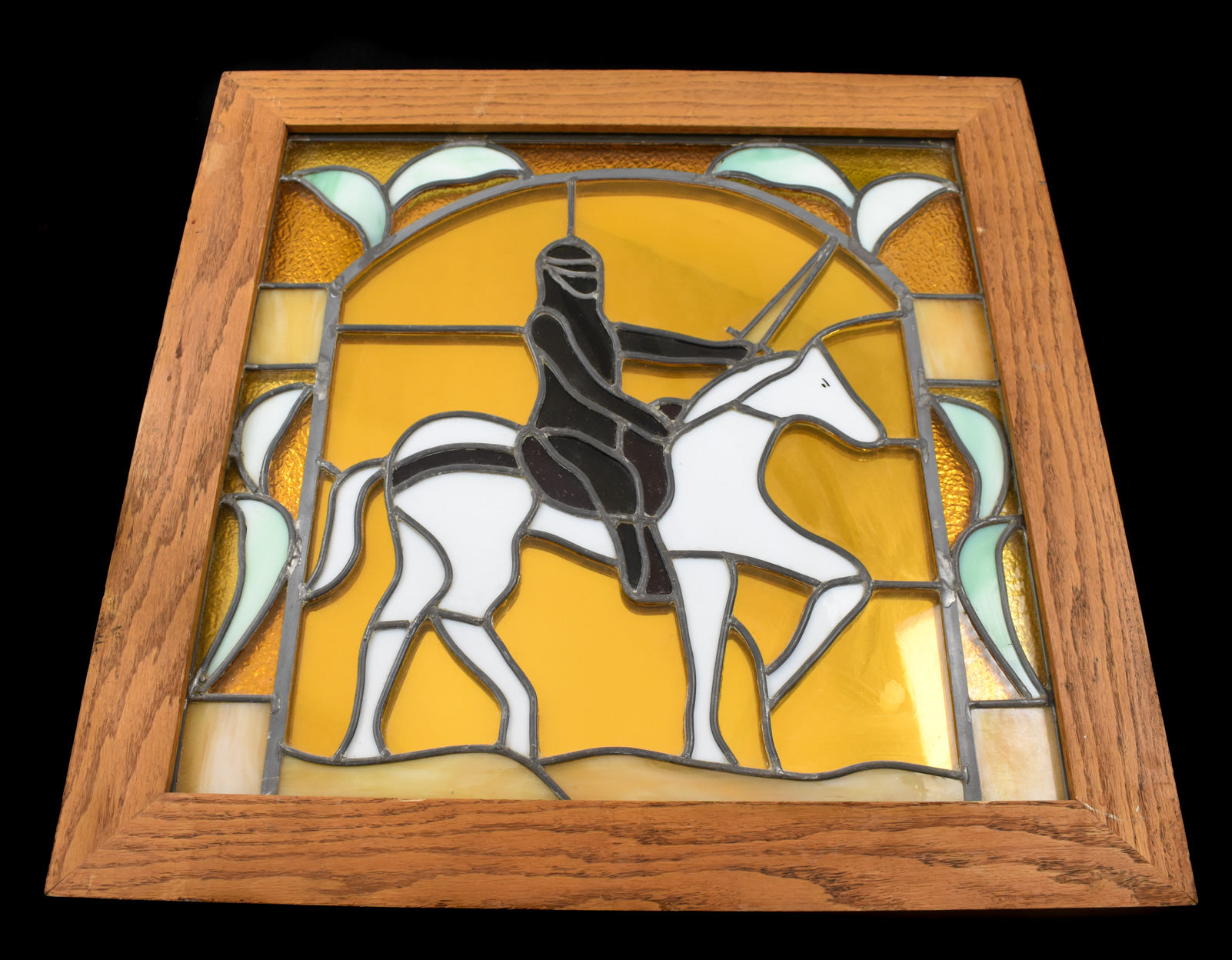 Stained Glass Carrousel Panel Framed Knight & White Horse Large Heavy
