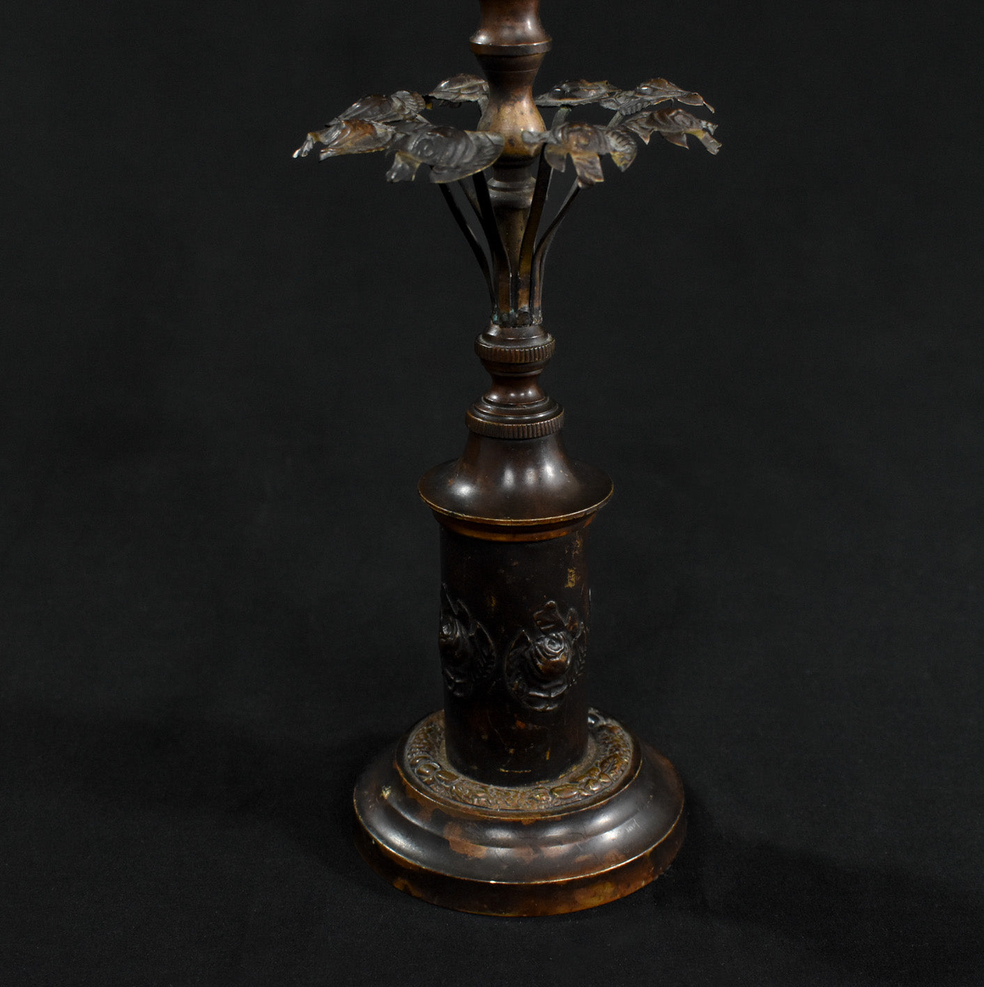 Antique French Bronze and Ebony Metal Flower Candle Stick Vintage