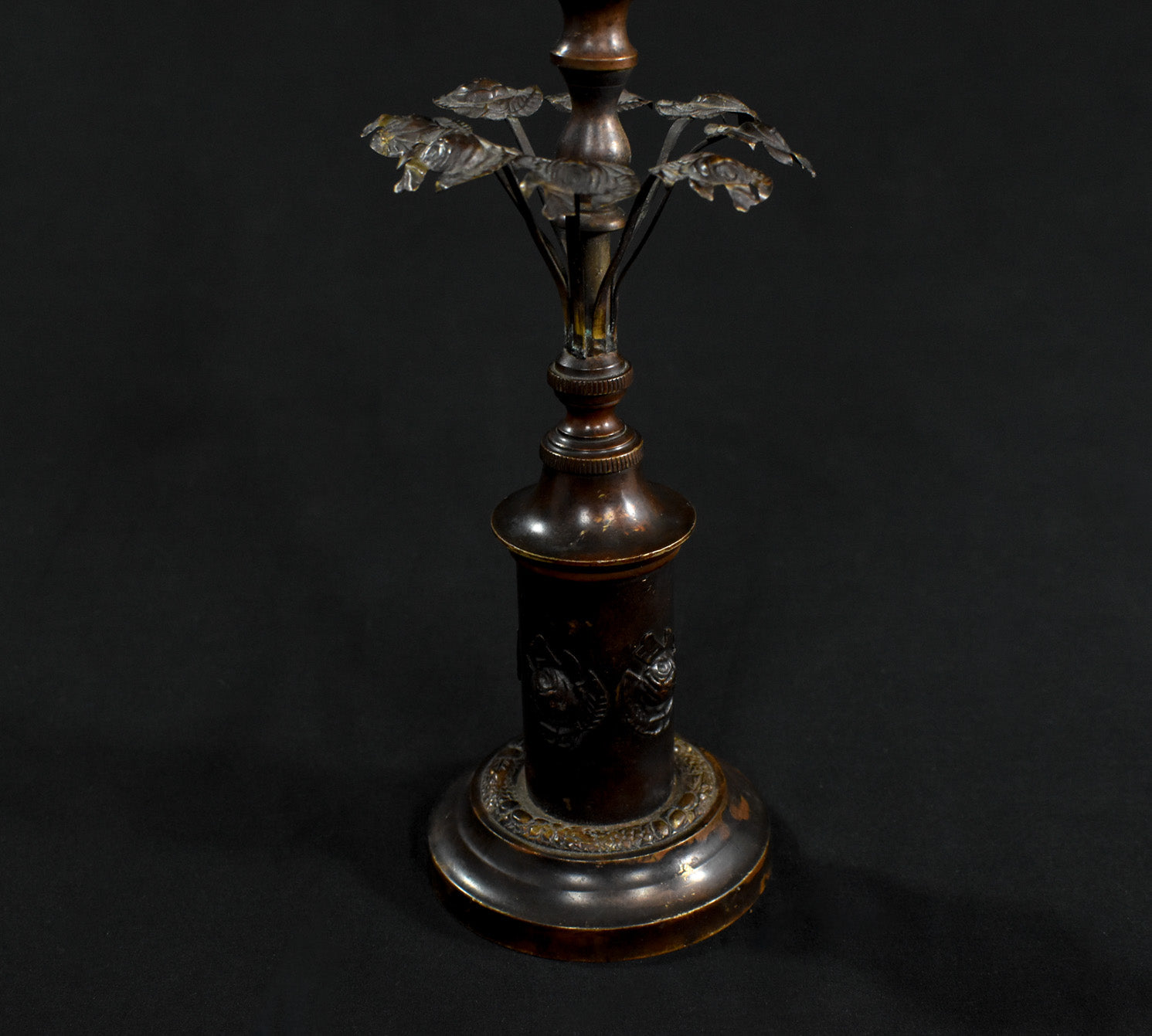 Antique French Bronze and Ebony Metal Flower Candle Stick Vintage