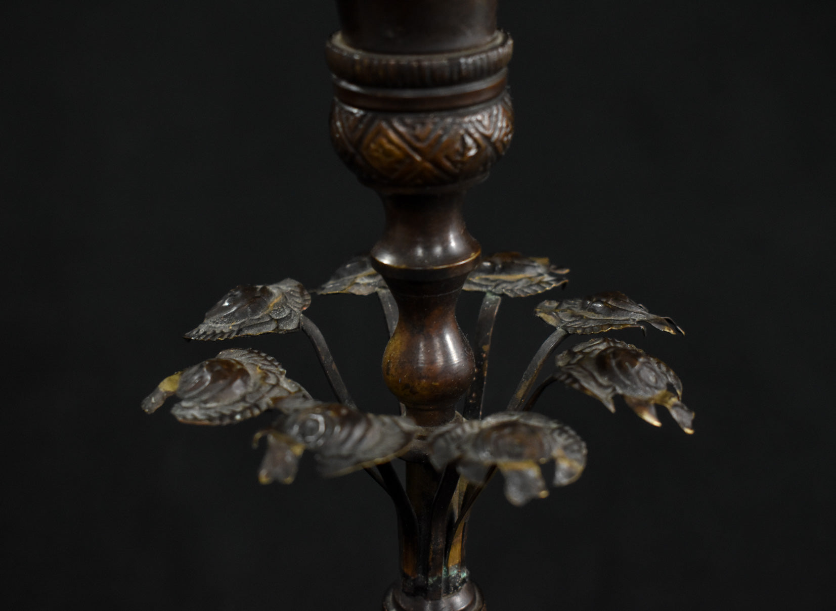 Antique French Bronze and Ebony Metal Flower Candle Stick Vintage