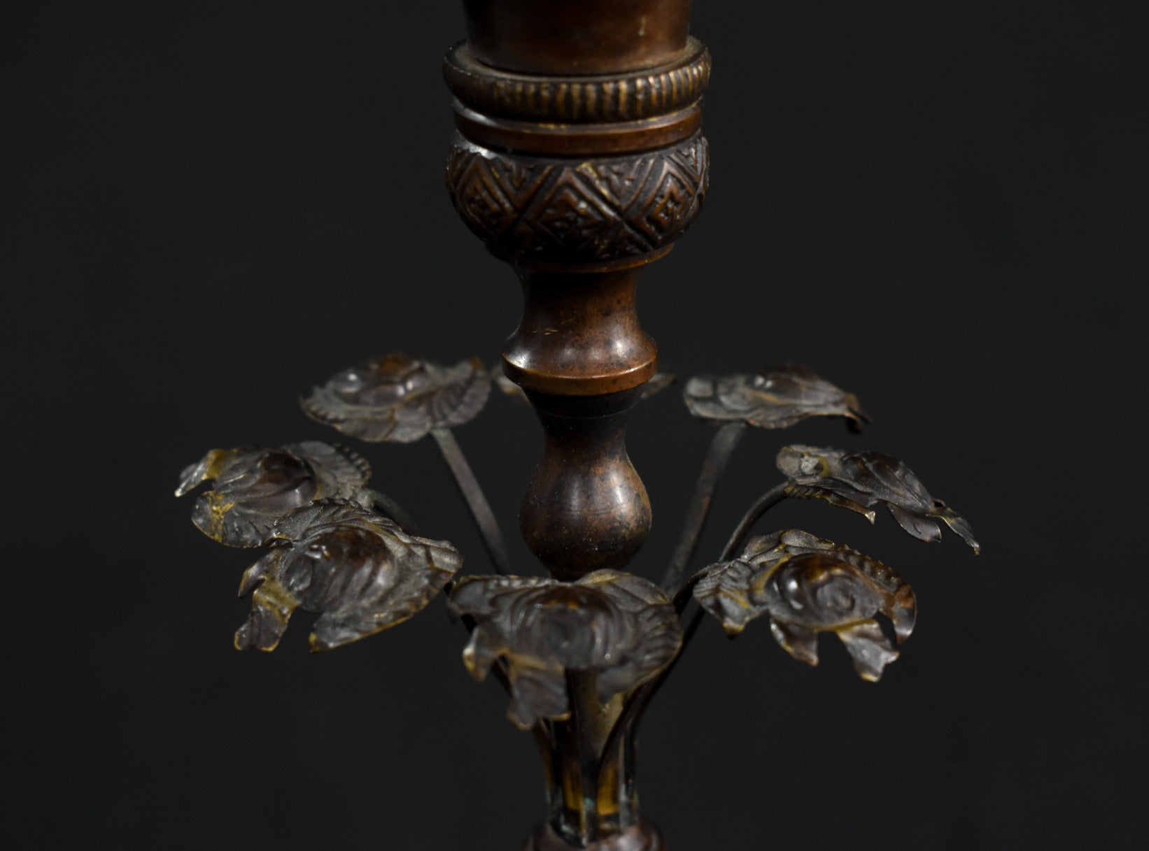 Antique French Bronze and Ebony Metal Flower Candle Stick Vintage