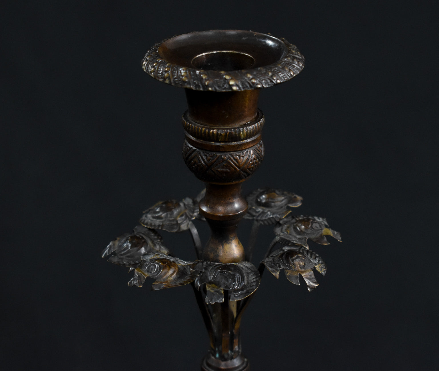 Antique French Bronze and Ebony Metal Flower Candle Stick Vintage