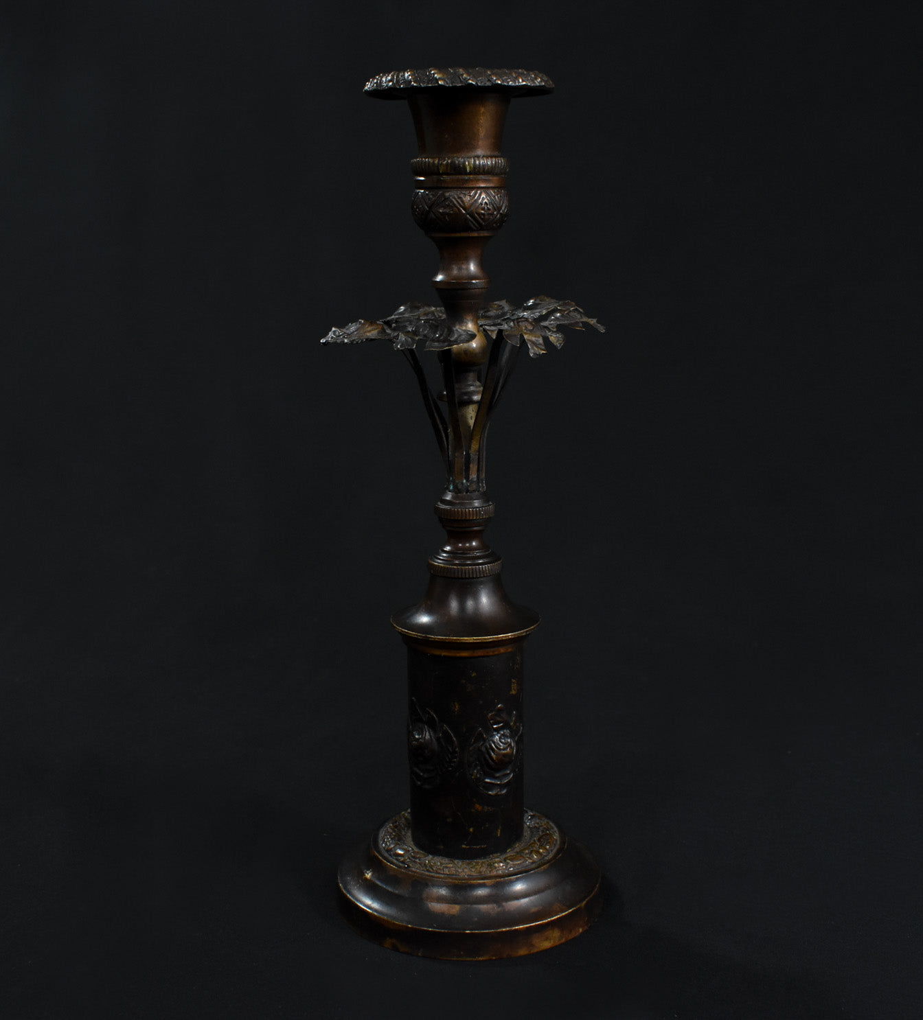 Antique French Bronze and Ebony Metal Flower Candle Stick Vintage
