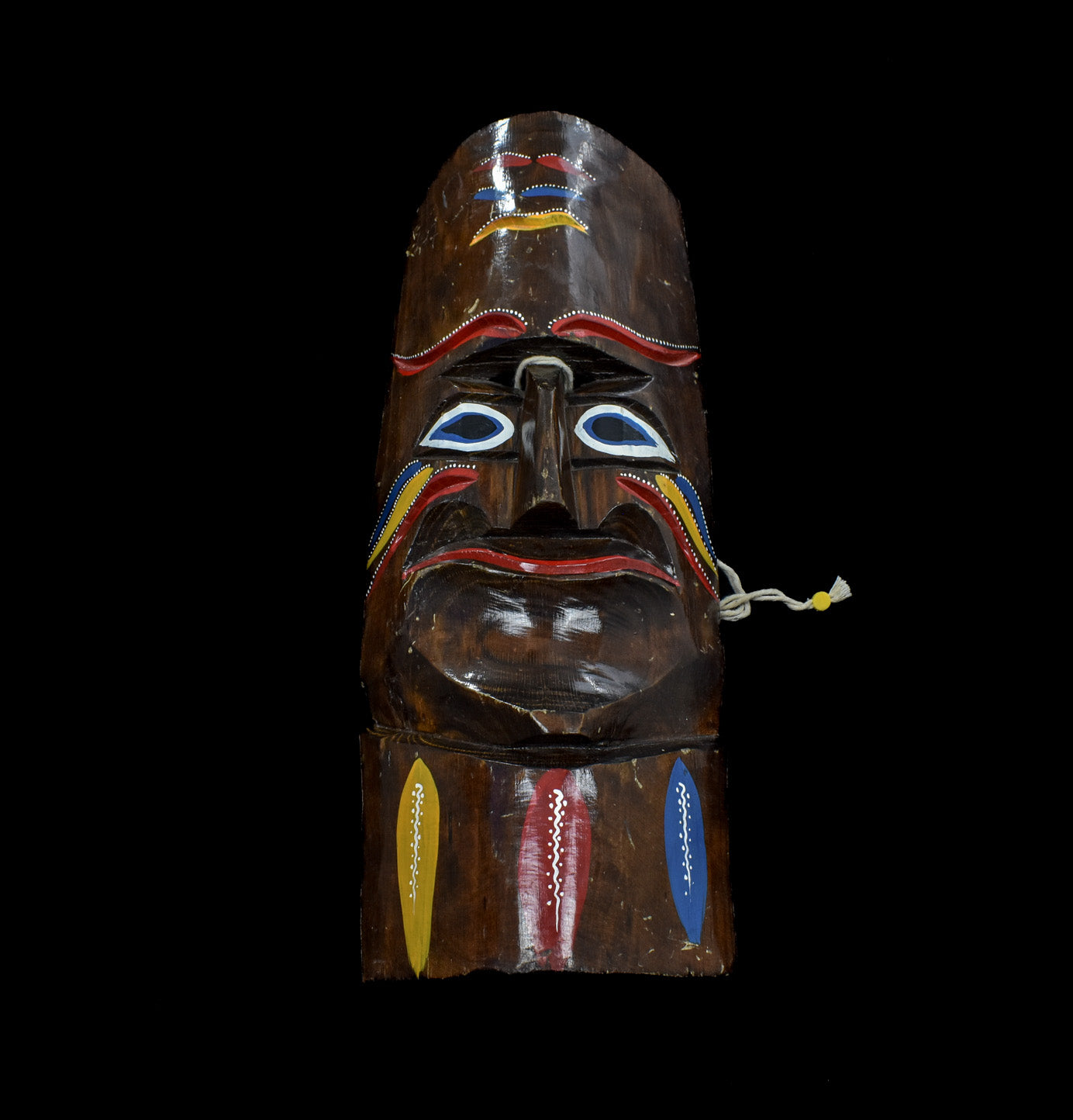 Tiki Mask Wood Artwork Handcrafted Vintage Mask Used Yellow Red Blue