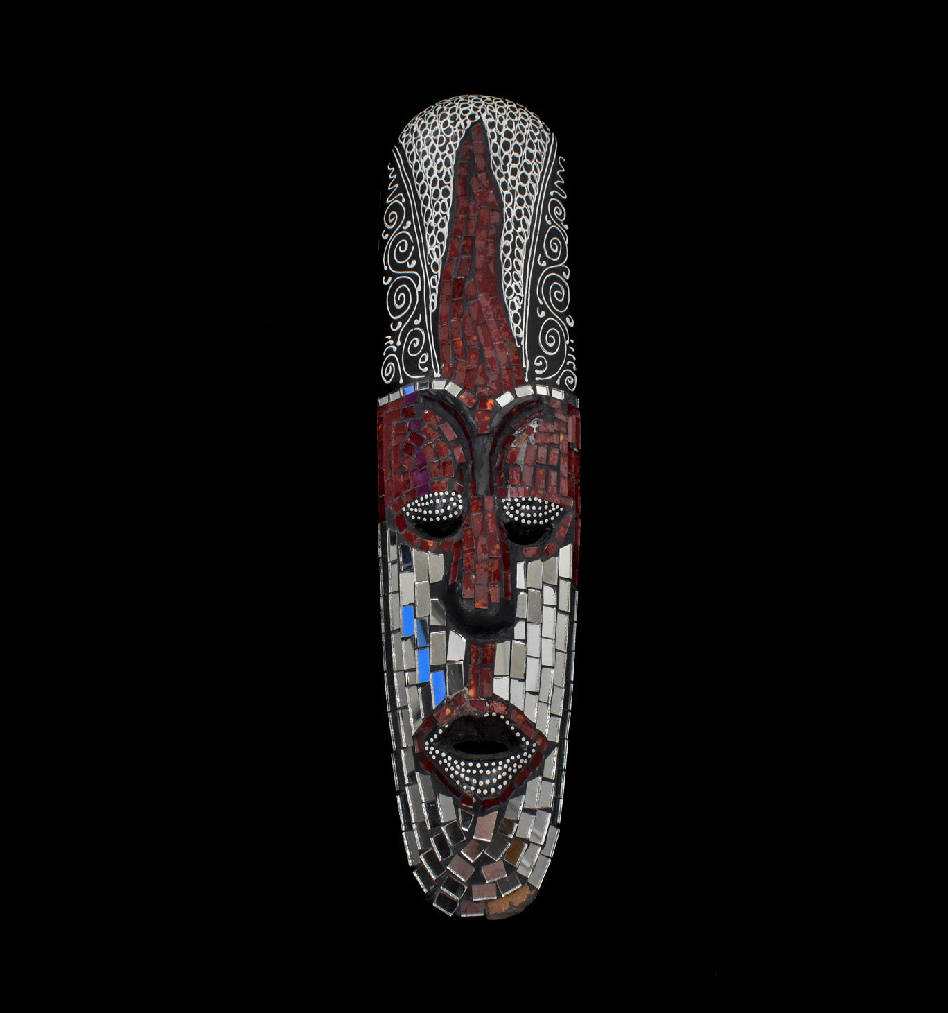 Tiki Mask African Style Wood Hand Made Wooden Decor Face Silver and Red
