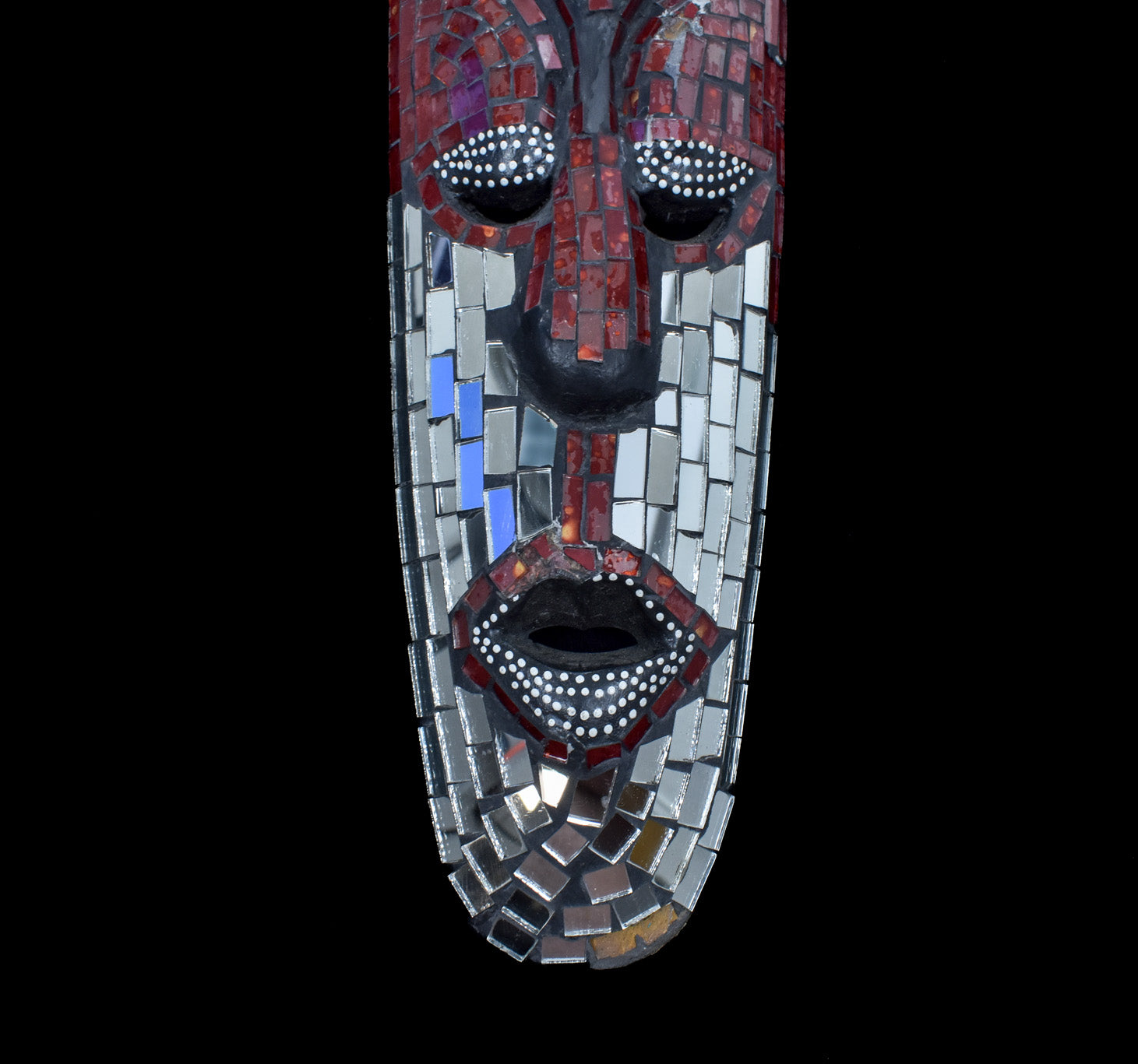 Tiki Mask African Style Wood Hand Made Wooden Decor Face Silver and Red