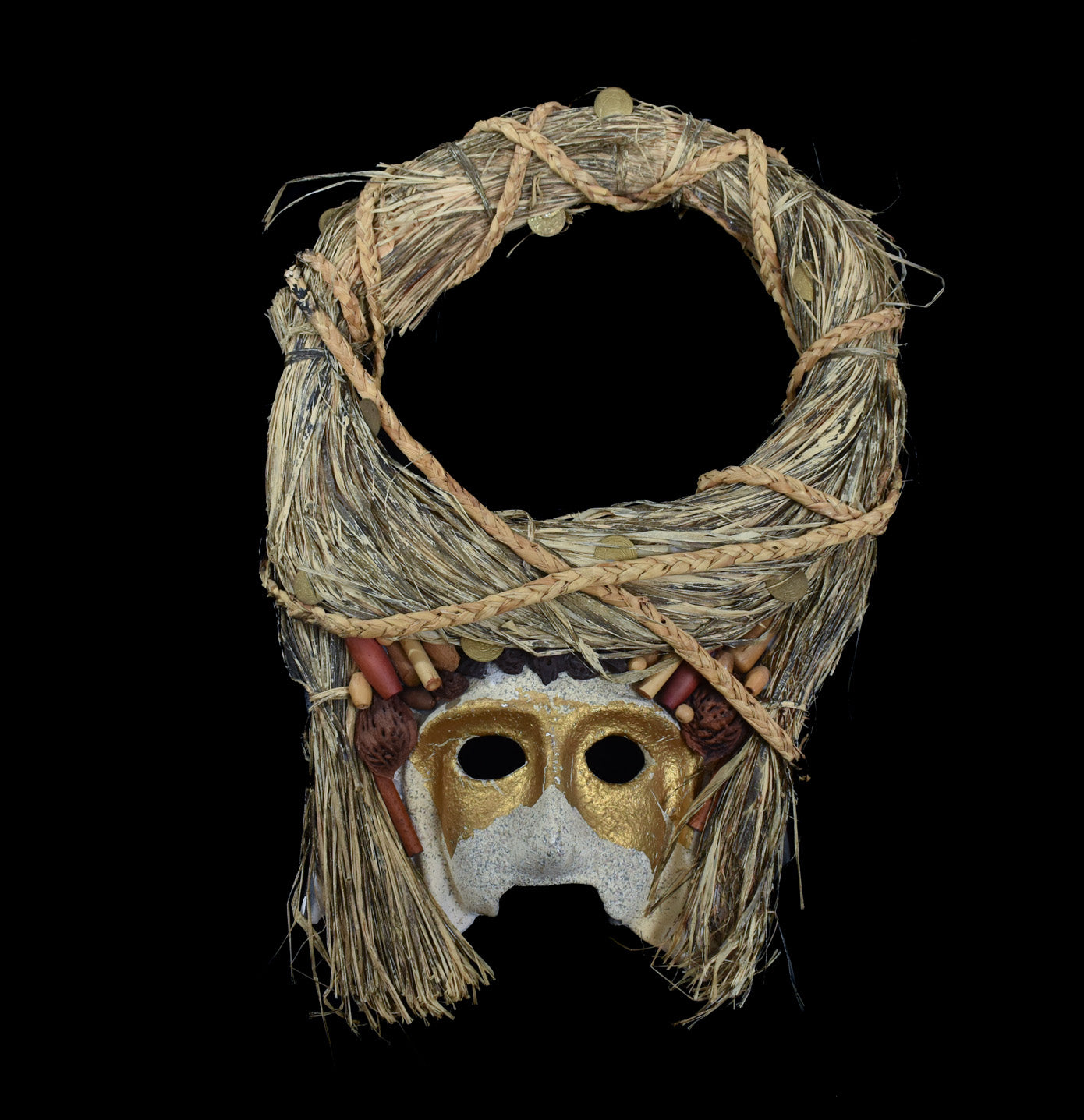 Ceramic Mask Tiki Religion Floral White and Gold Vintage Mask Used