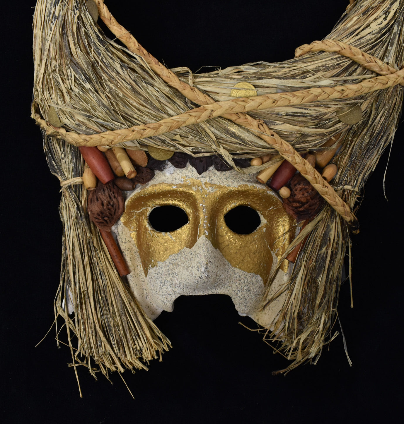 Ceramic Mask Tiki Religion Floral White and Gold Vintage Mask Used