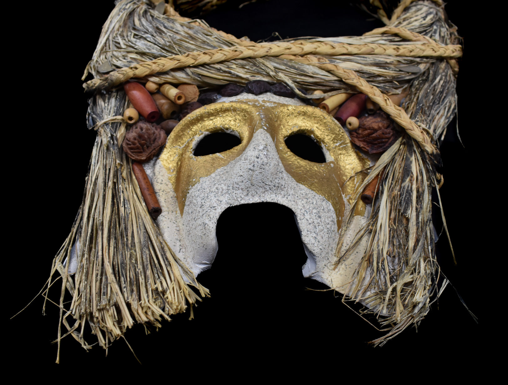 Ceramic Mask Tiki Religion Floral White and Gold Vintage Mask Used