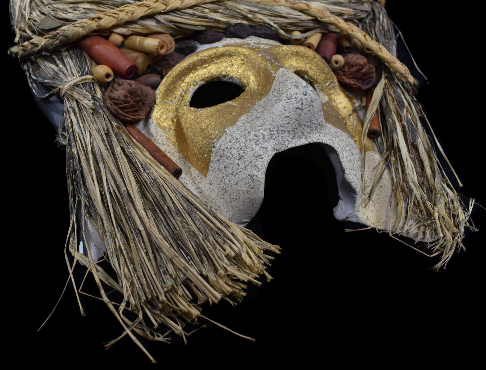 Ceramic Mask Tiki Religion Floral White and Gold Vintage Mask Used