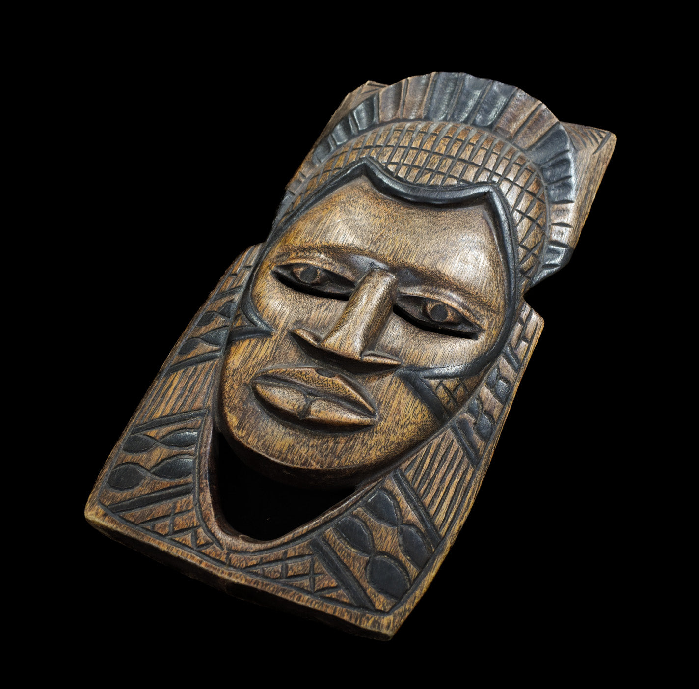 Aztec Mayan Mask Handcrafted Wood Flat Decor Vintage Used