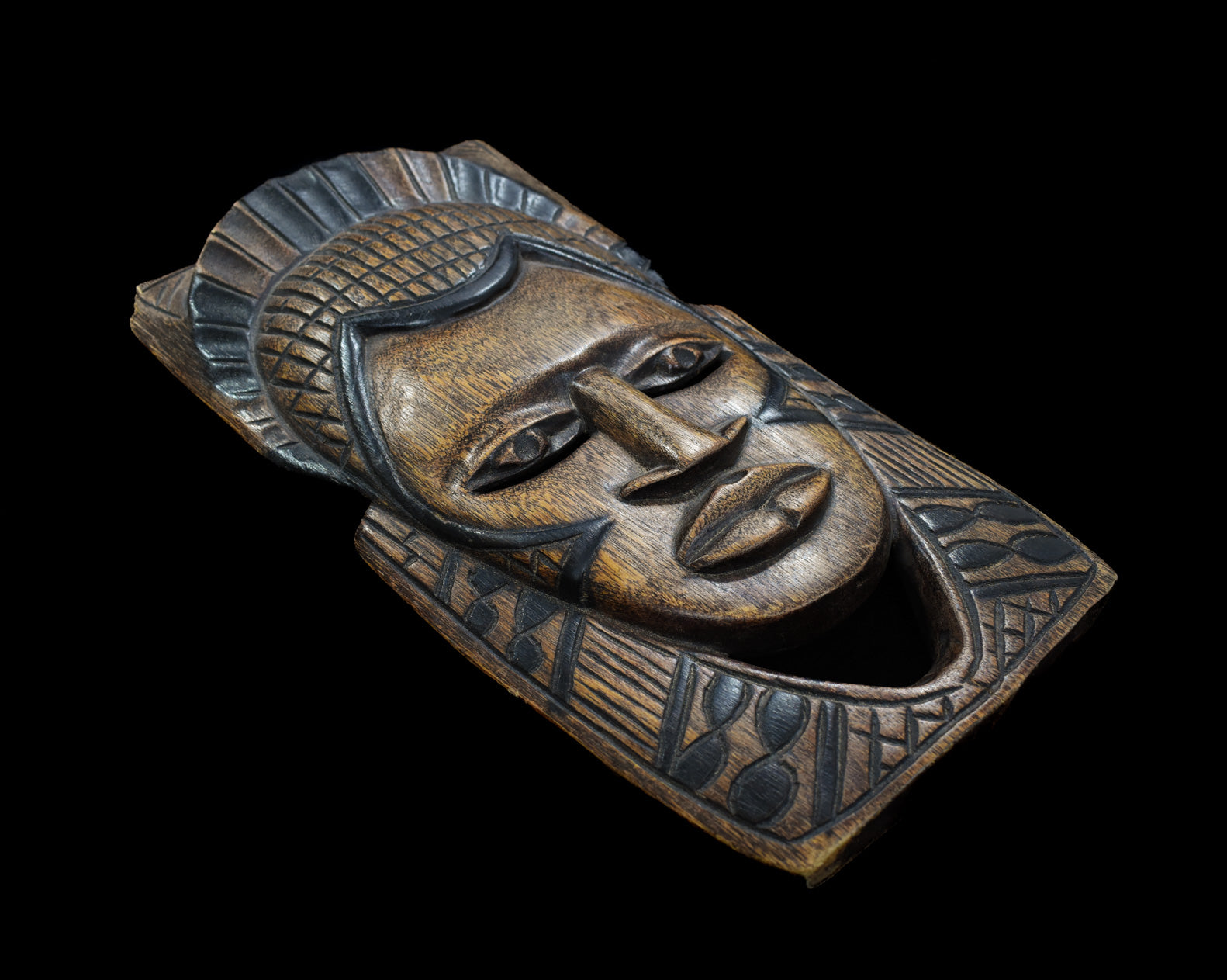 Aztec Mayan Mask Handcrafted Wood Flat Decor Vintage Used