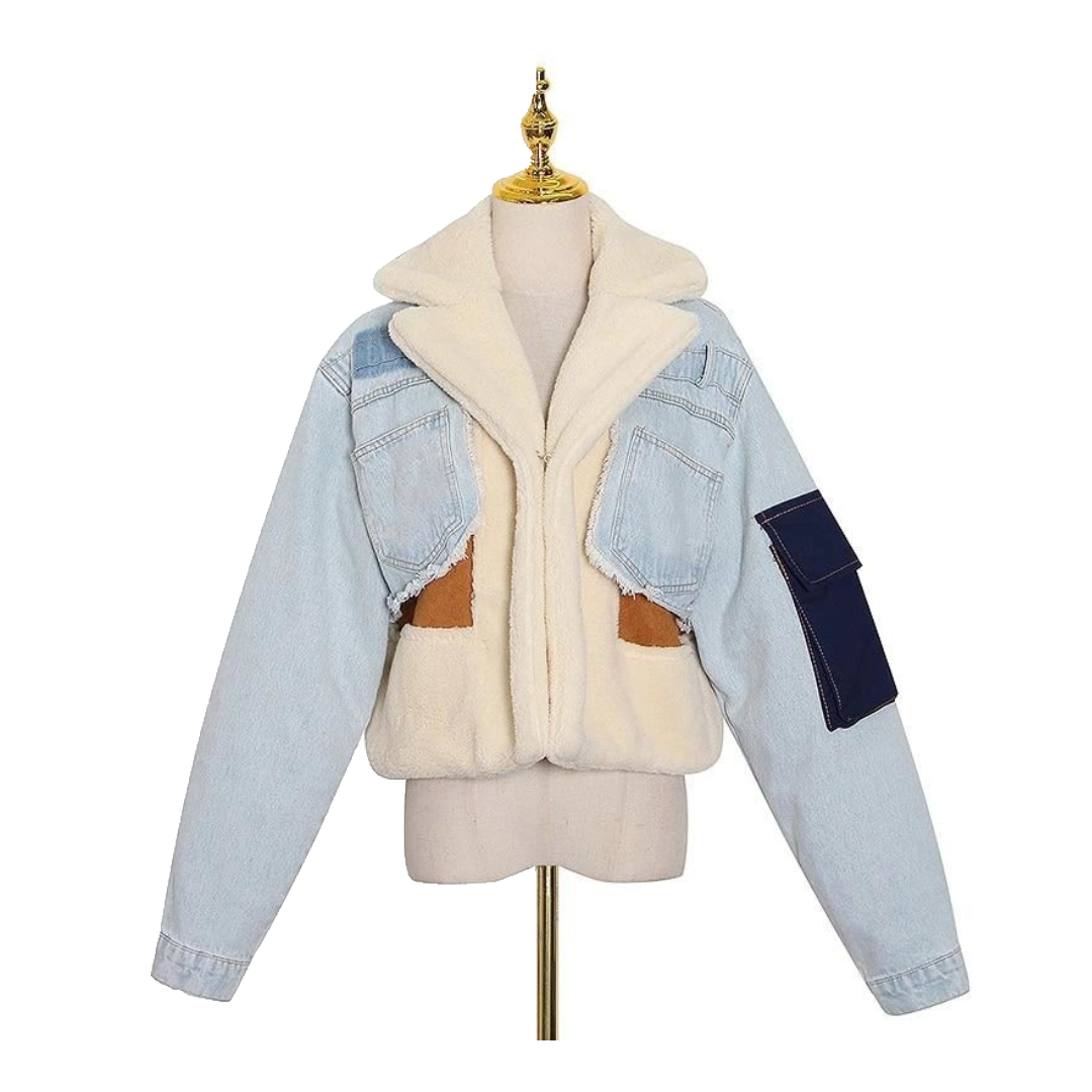 TWOTWINSTYLE Patchowork Lambswool Denim Jacket For Women Lapel Long Sleeve Tassel