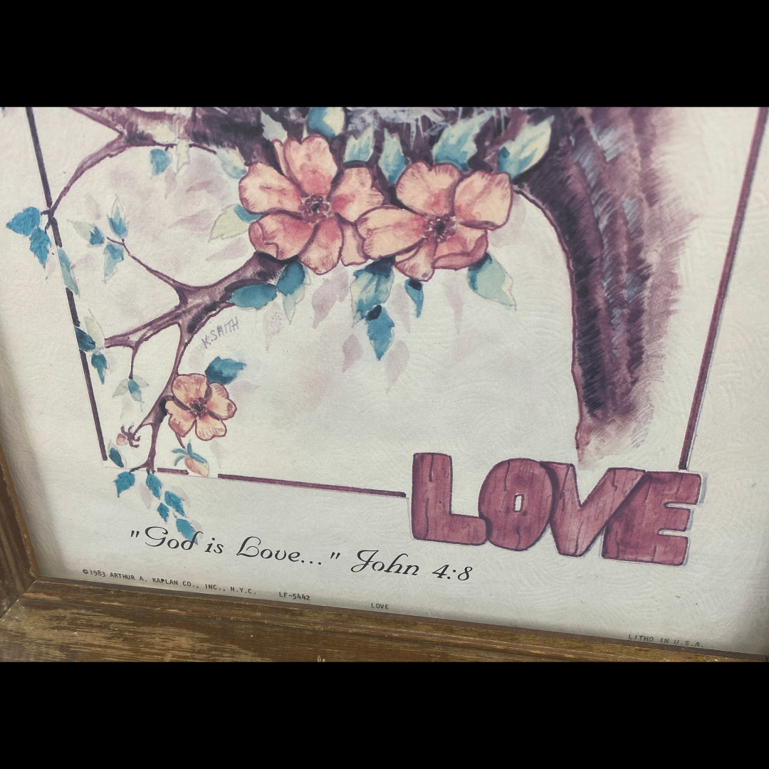 God is love 8x10 Framed Birds Nest John 4:8 Used Framed Arthur A. Kaplan CO. NYC Litho