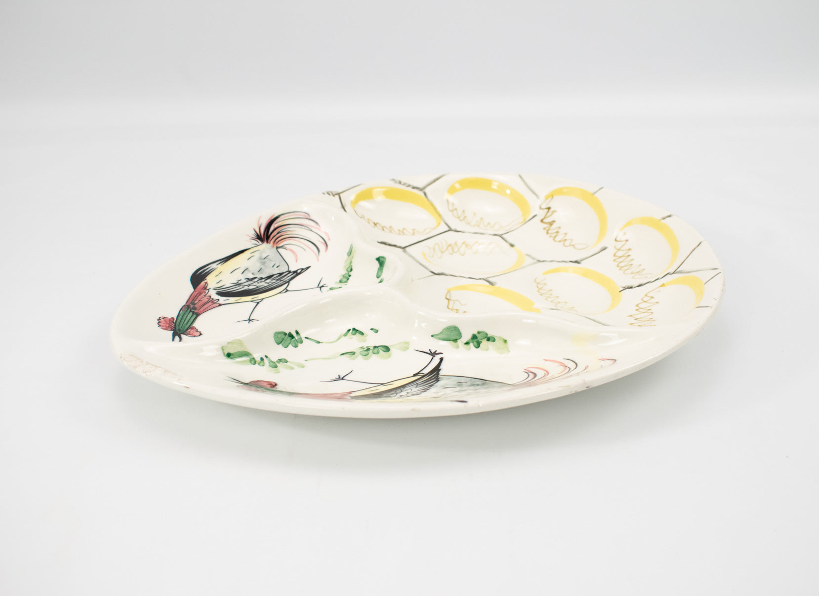 Egg Platter Plate Vintage Hand Painted Plate CHIPPED Corner USED