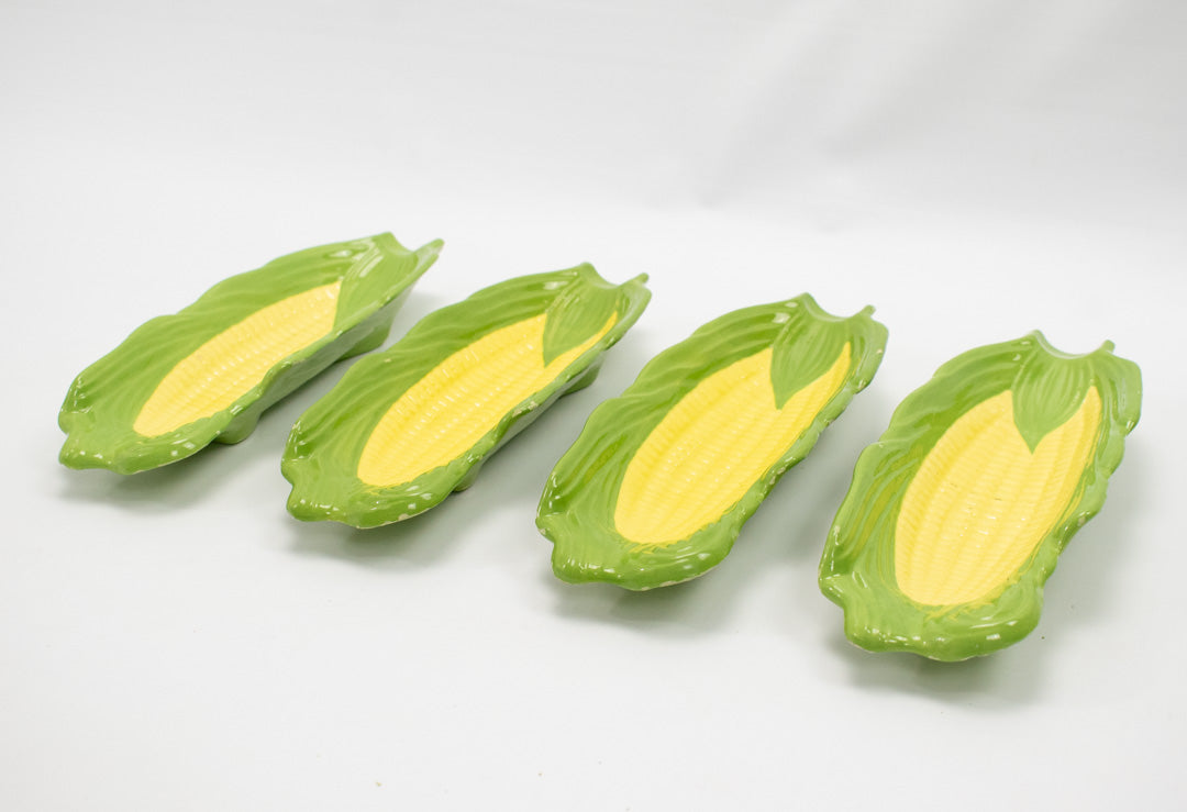 Corn Trays Vintage Ceramic Green Yellow Vintage 1981 Used Set of 4