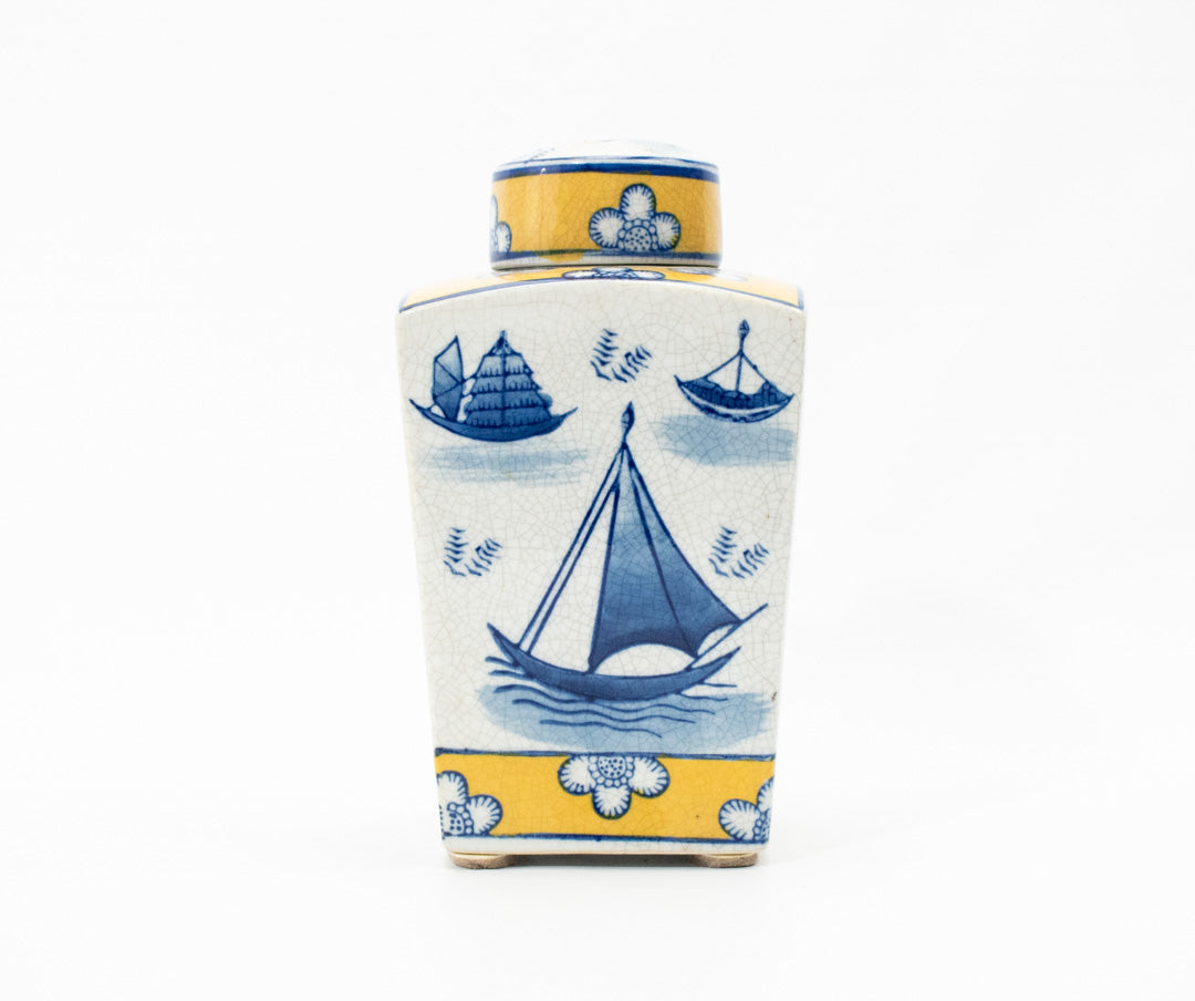Asian Ceramic Jar Container Blue Yellow Sailboat China Home Decorative Used