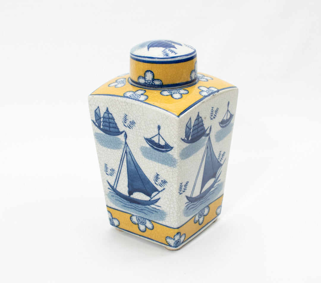 Asian Ceramic Jar Container Blue Yellow Sailboat China Home Decorative Used