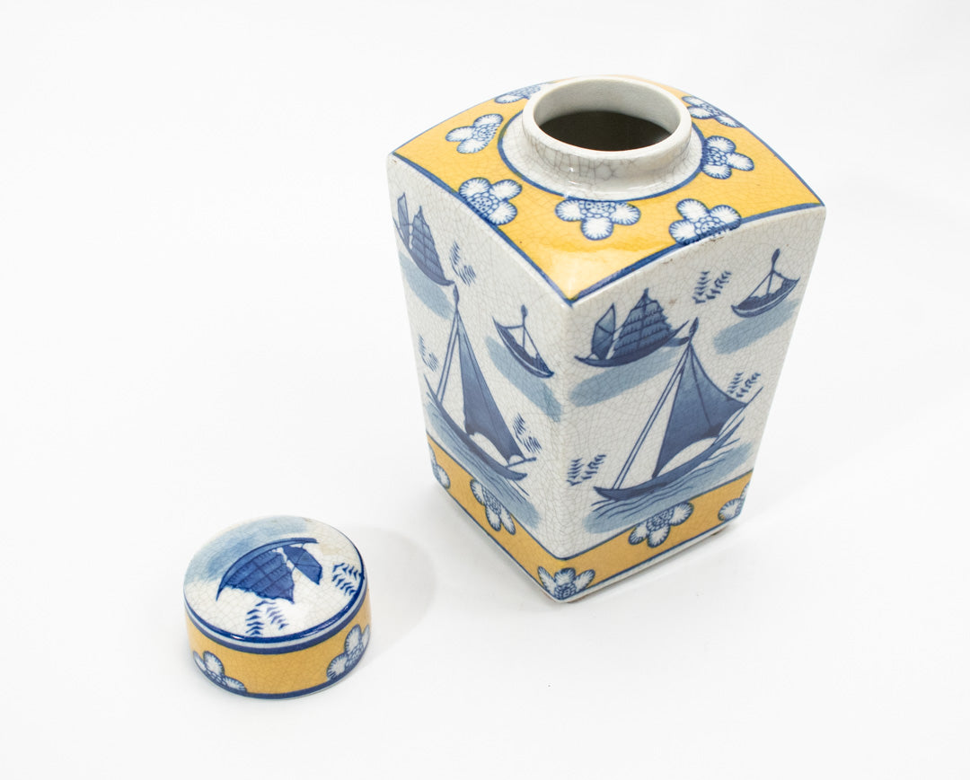 Asian Ceramic Jar Container Blue Yellow Sailboat China Home Decorative Used