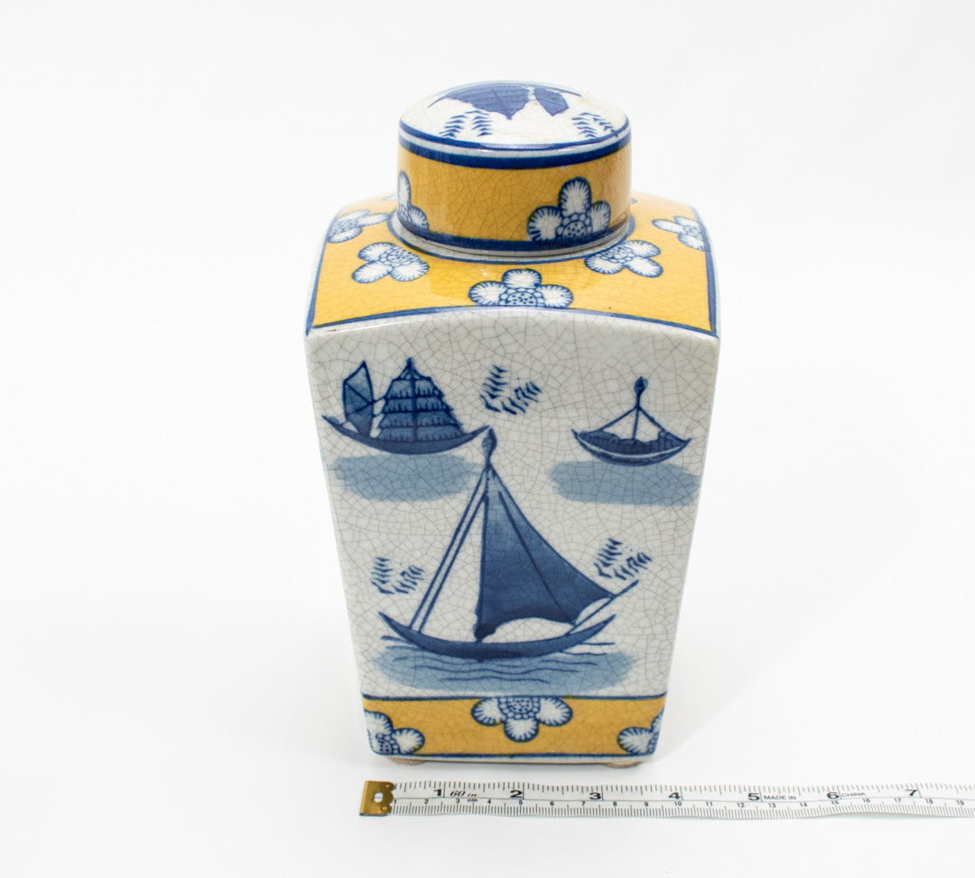 Asian Ceramic Jar Container Blue Yellow Sailboat China Home Decorative Used
