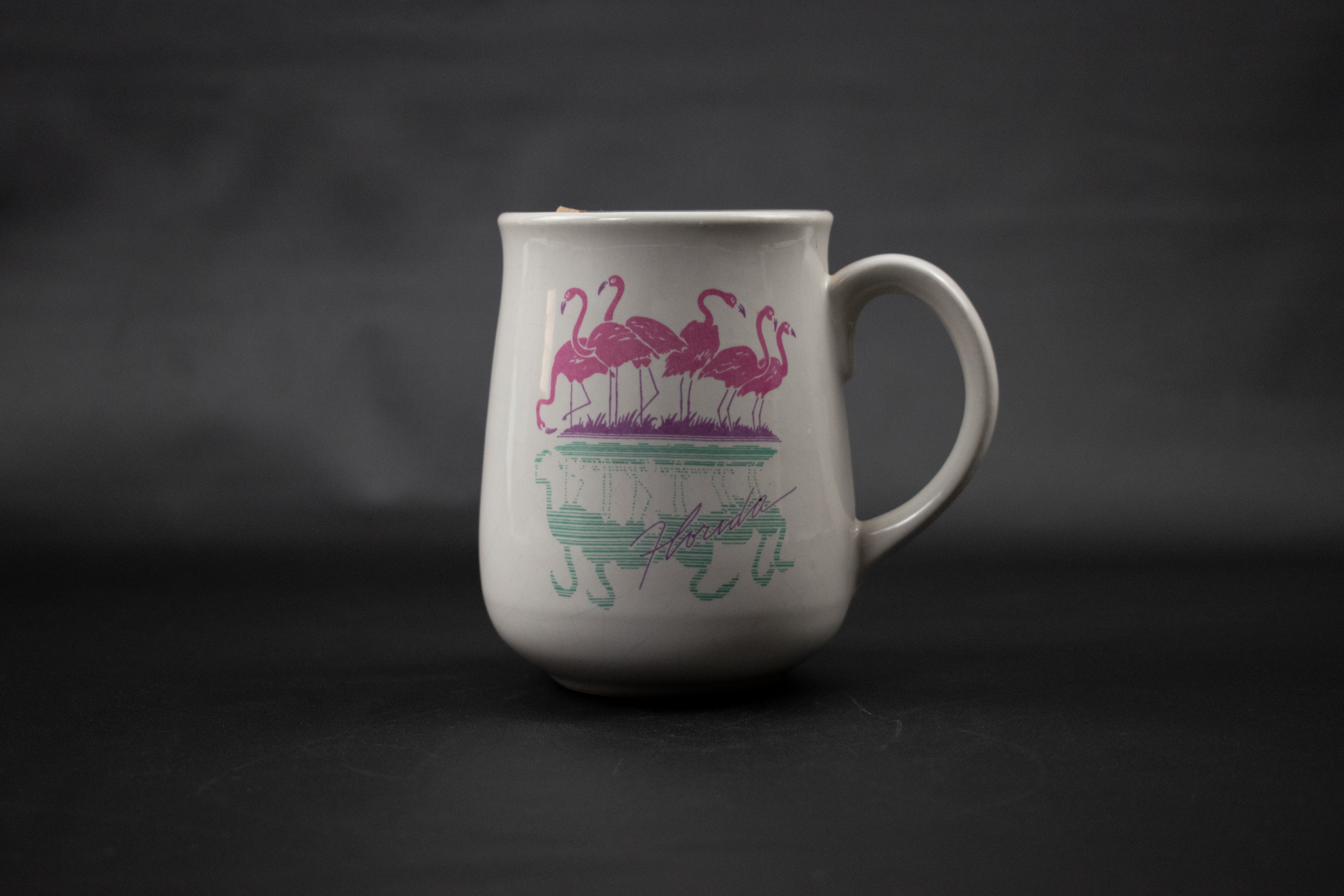 Vintage Flordia Mug Coffee Cup White Pink and Teal Used
