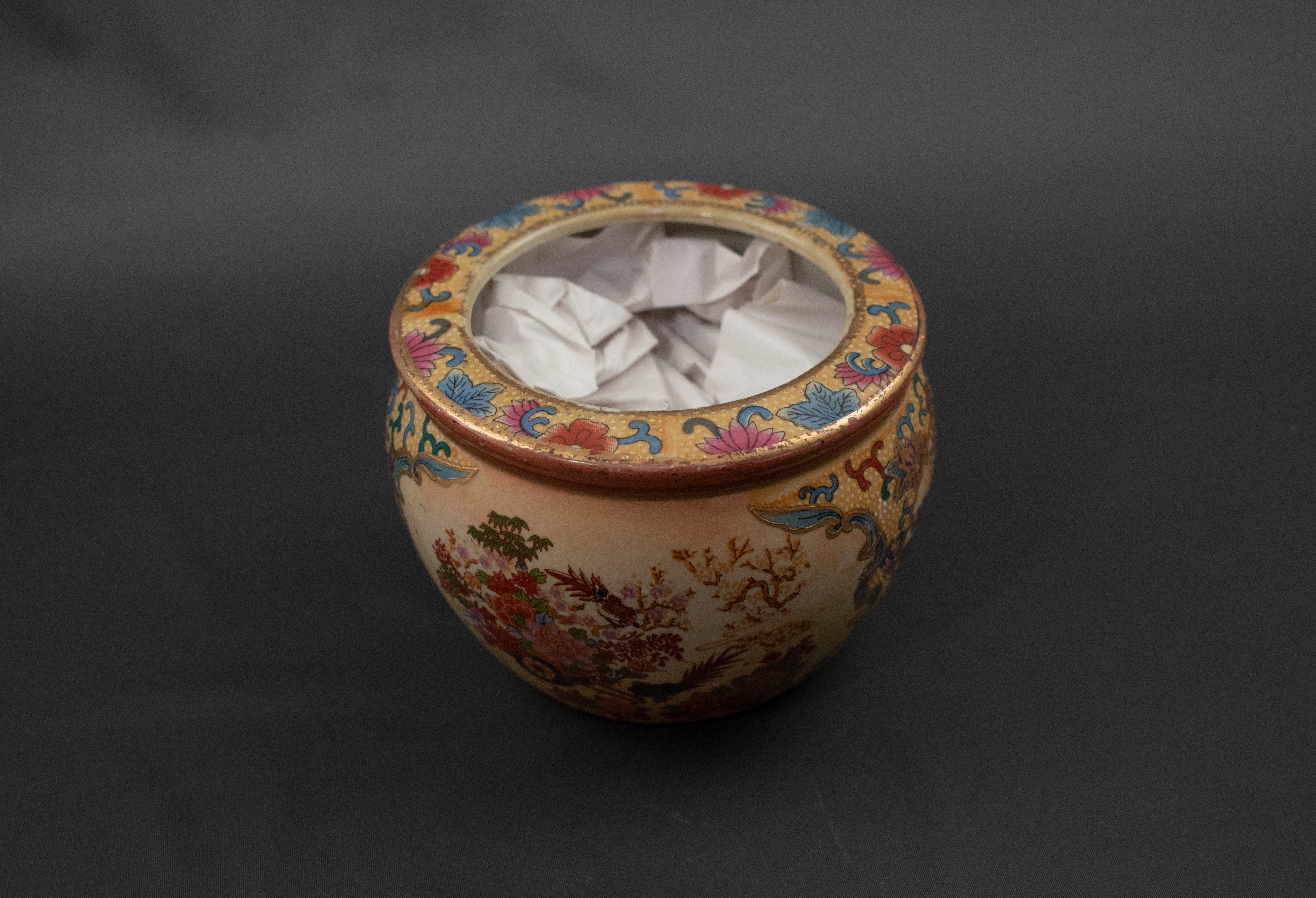Asian Fish Bowl Pottery Used Floral Peacock Vintage Pot Small