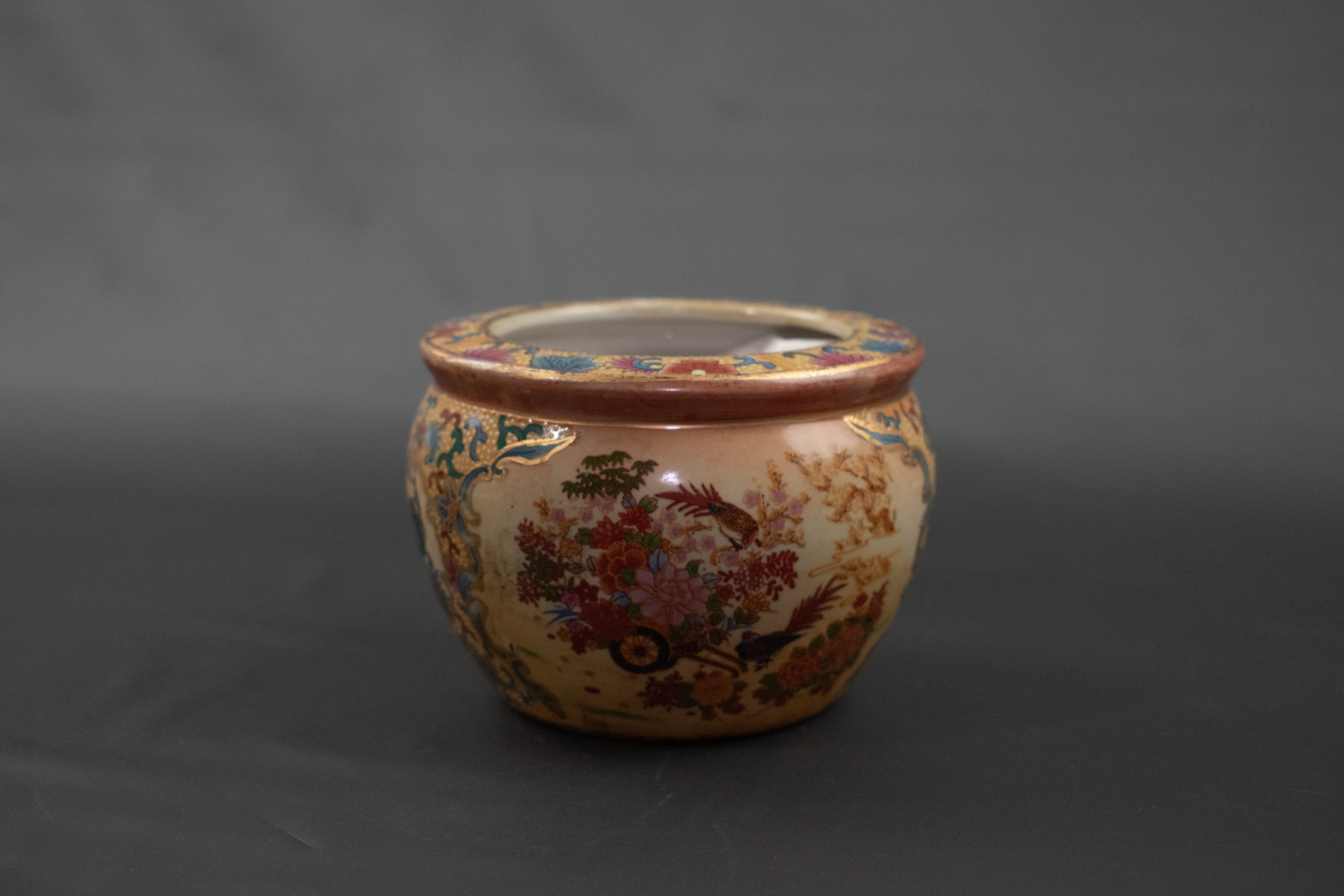 Asian Fish Bowl Pottery Used Floral Peacock Vintage Pot Small