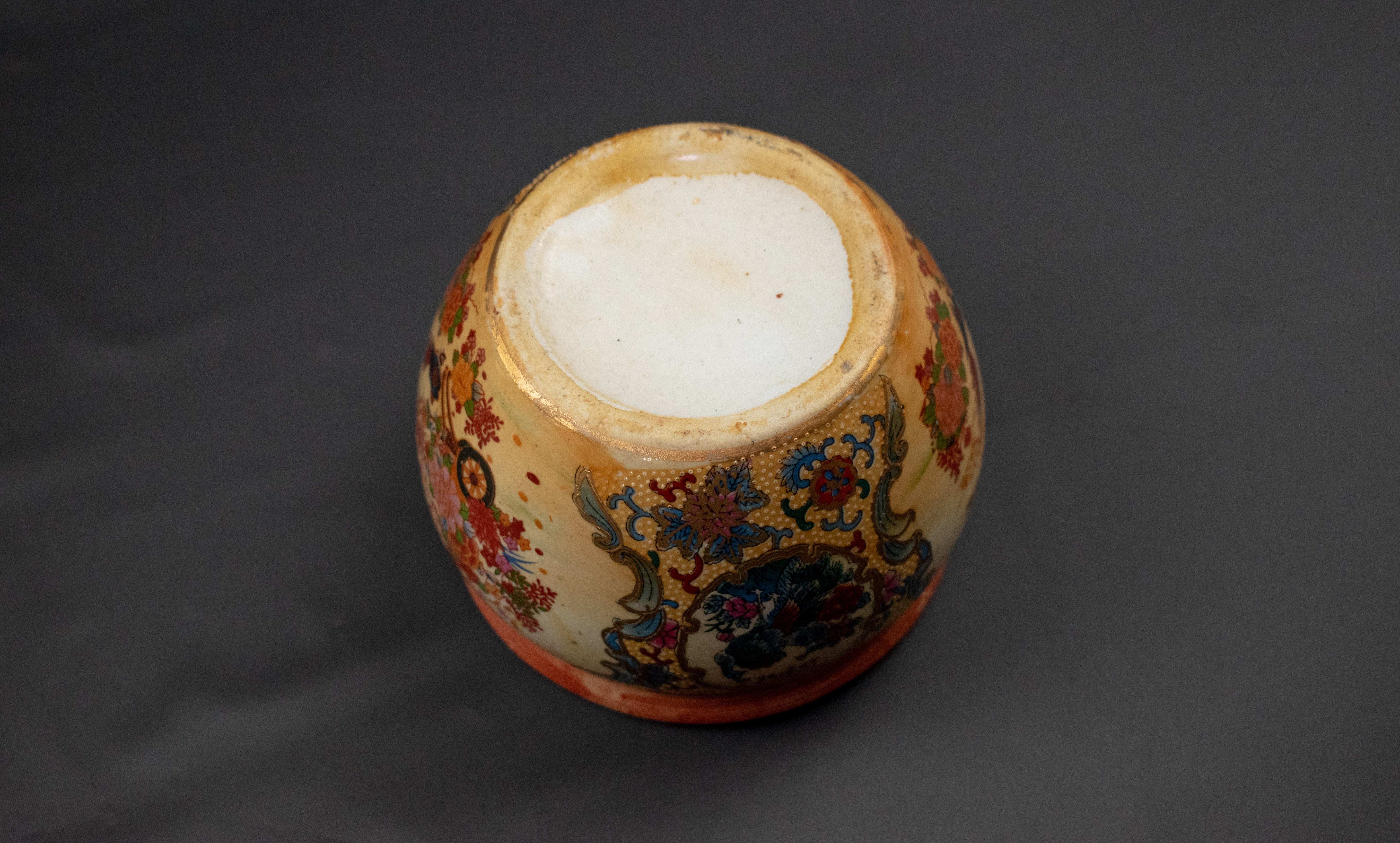 Asian Fish Bowl Pottery Used Floral Peacock Vintage Pot Small