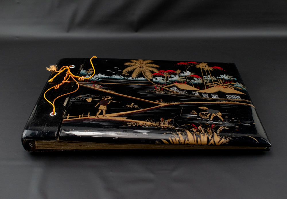 Vintage Hand Painted Japanese Wood Photo Booklet Photo Album Artwork Used Black