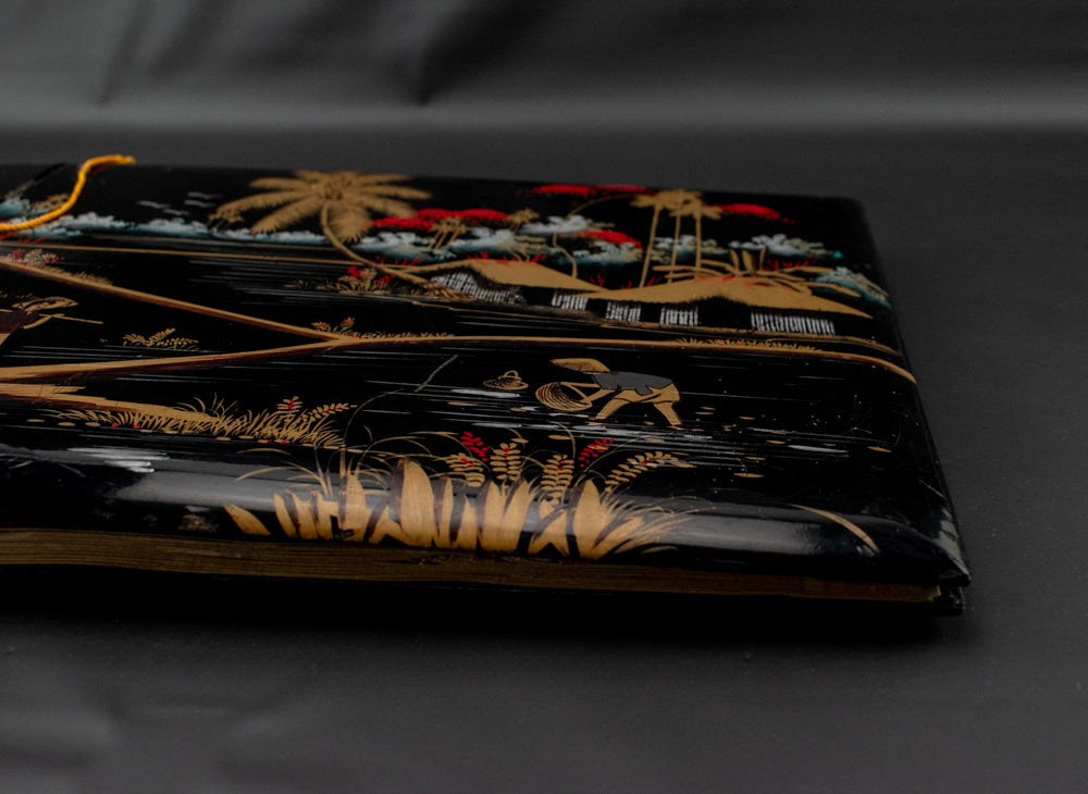 Vintage Hand Painted Japanese Wood Photo Booklet Photo Album Artwork Used Black