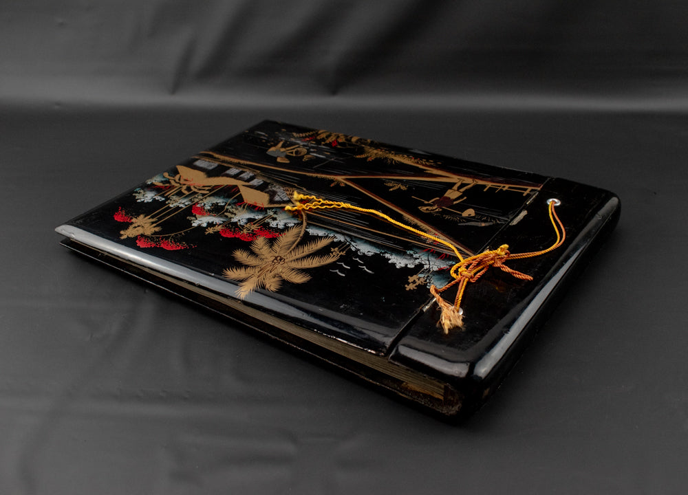 Vintage Hand Painted Japanese Wood Photo Booklet Photo Album Artwork Used Black