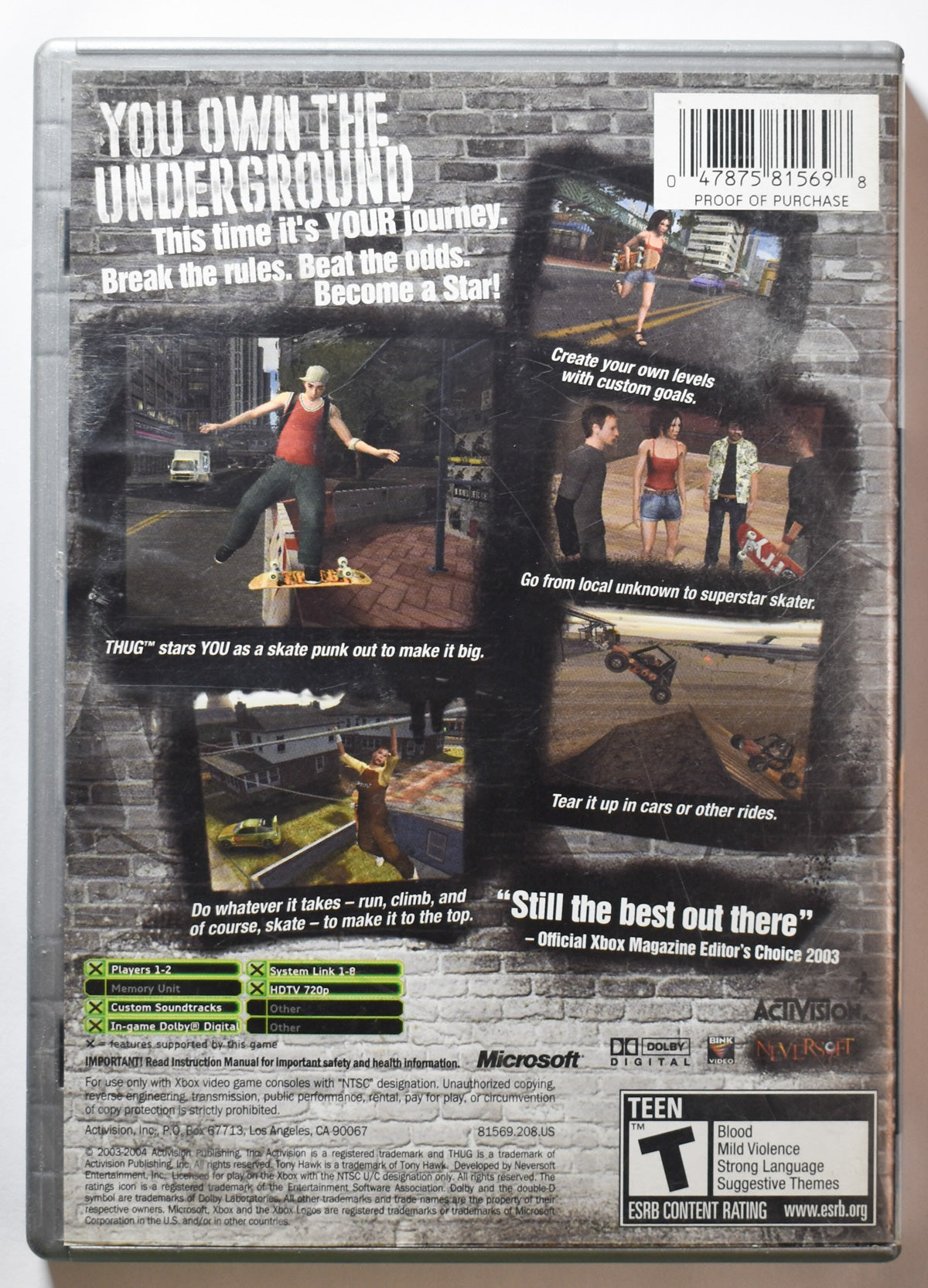 Xbox Tony Hawk Underground Game Platinum Hits Microsoft Original Xbox Game