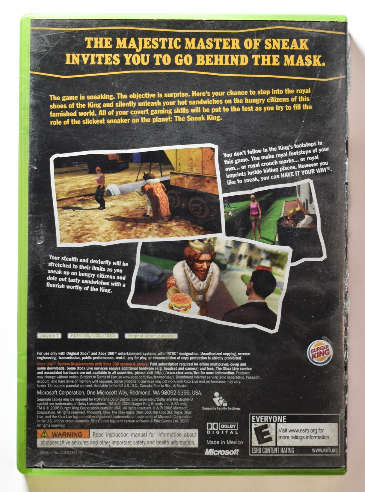 Xbox Sneak King Game Burger King Microsoft Original Xbox Game Used