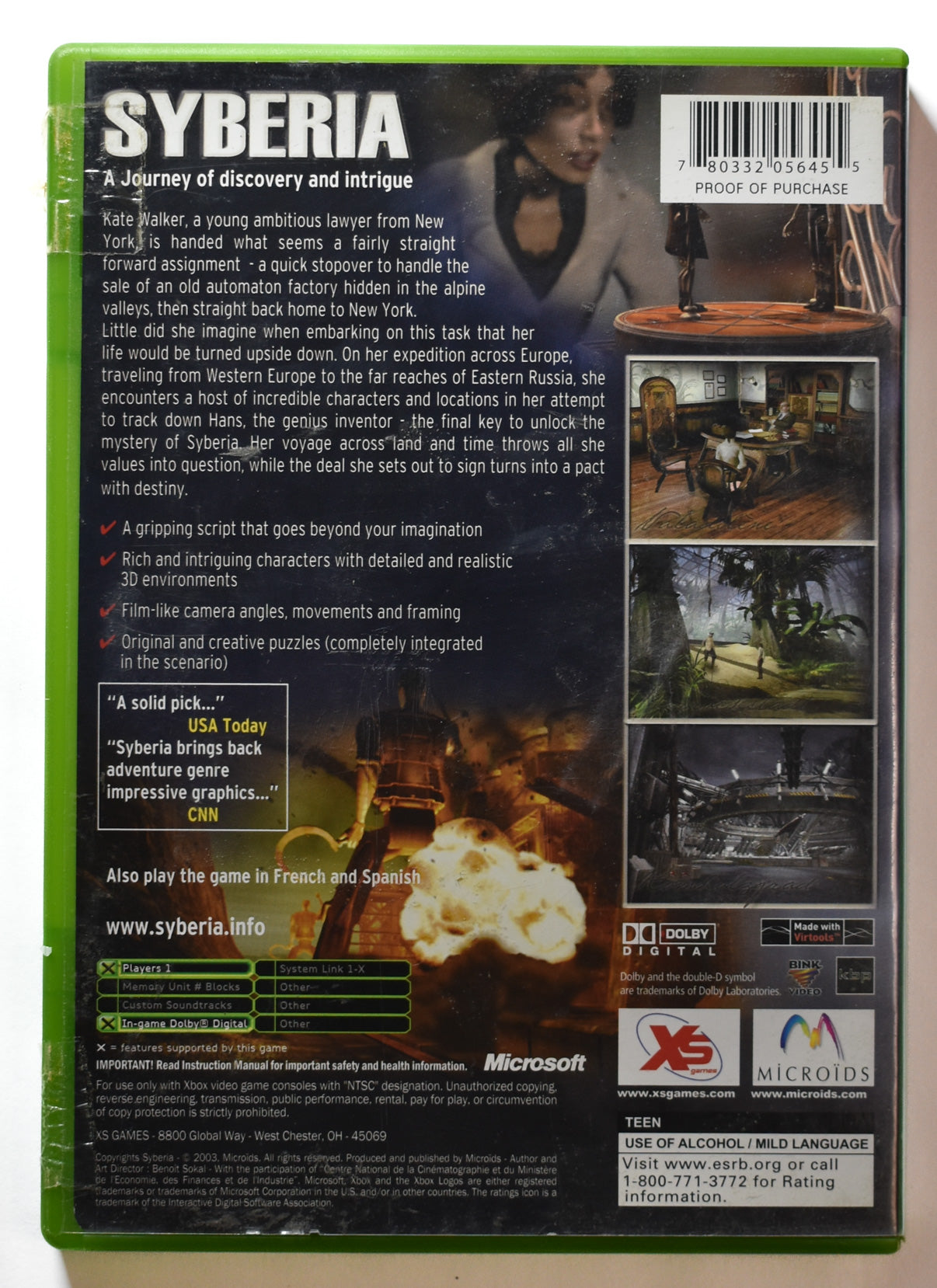 Syberia Microsoft Original Xbox Game Used 2003 XS Games