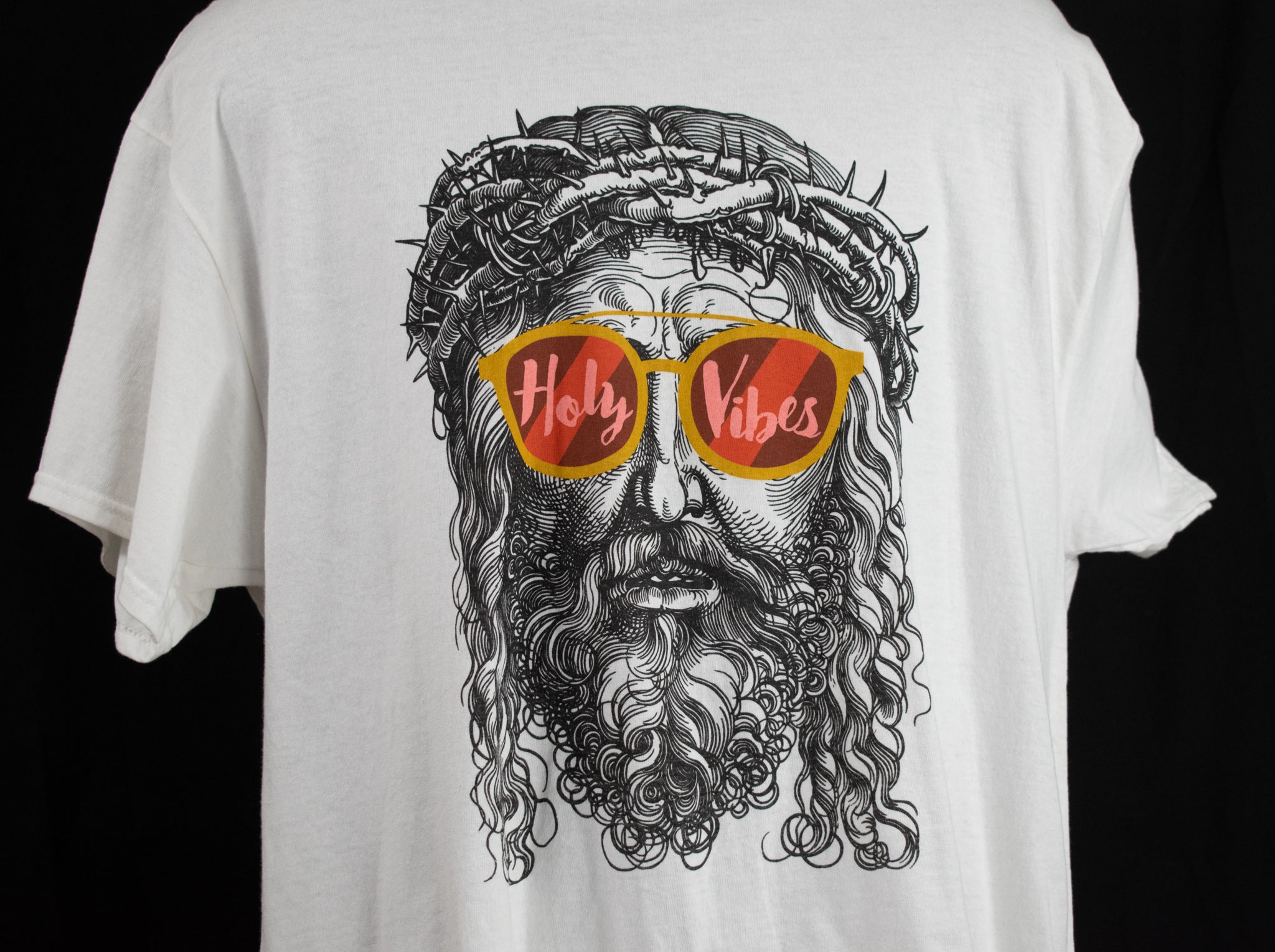 Holy Vibes Mens White T-Shirt Adult Jesus Wearing Sunglass Art Design Used Shirt