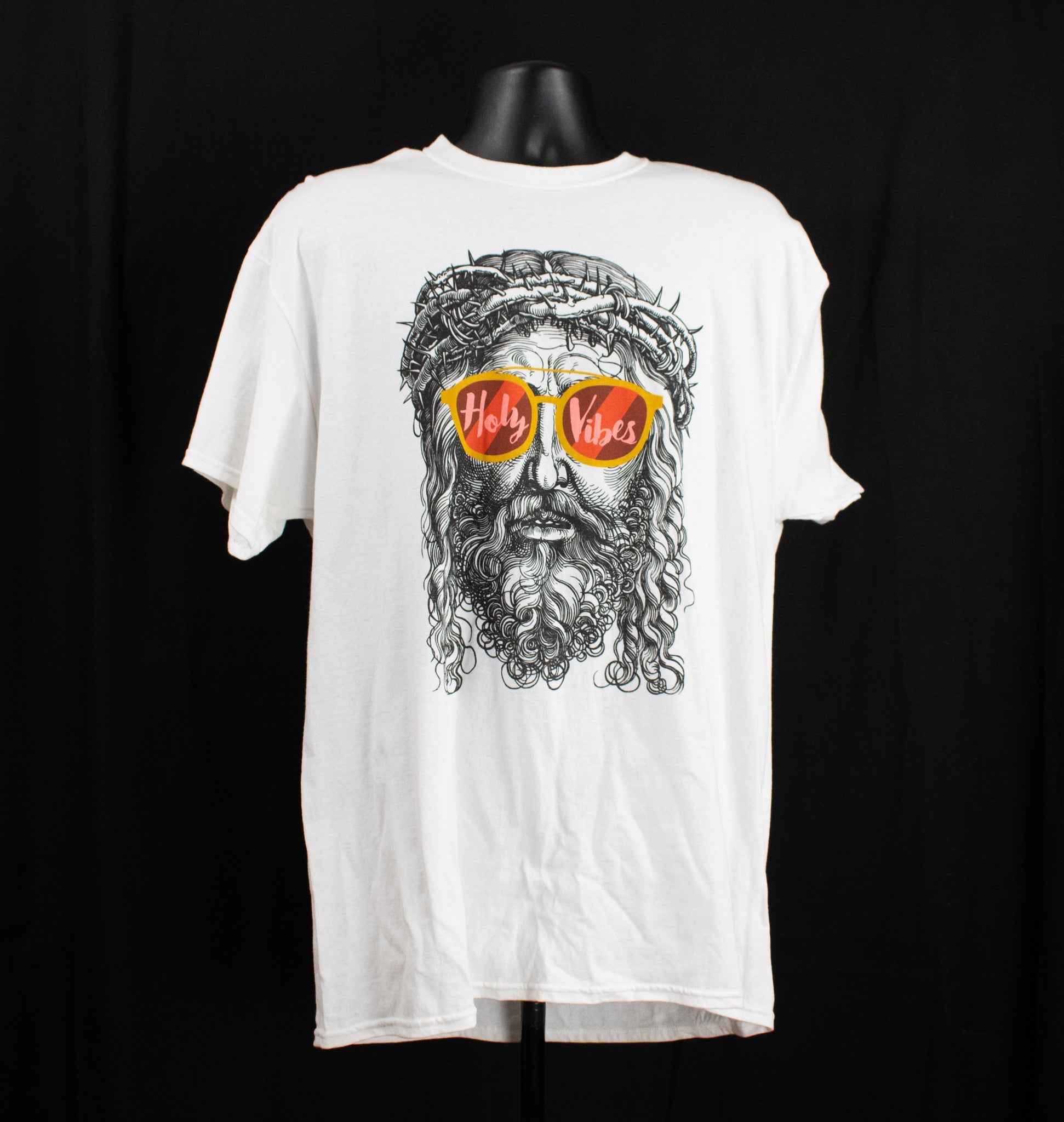 Holy Vibes Mens White T-Shirt Adult Jesus Wearing Sunglass Art Design Used Shirt