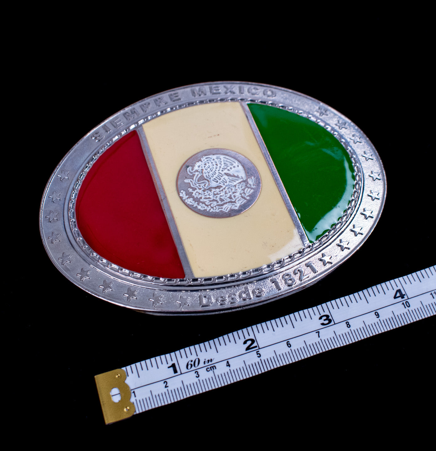 Mexico Belt Buckle Vintage Silver Red Green Used