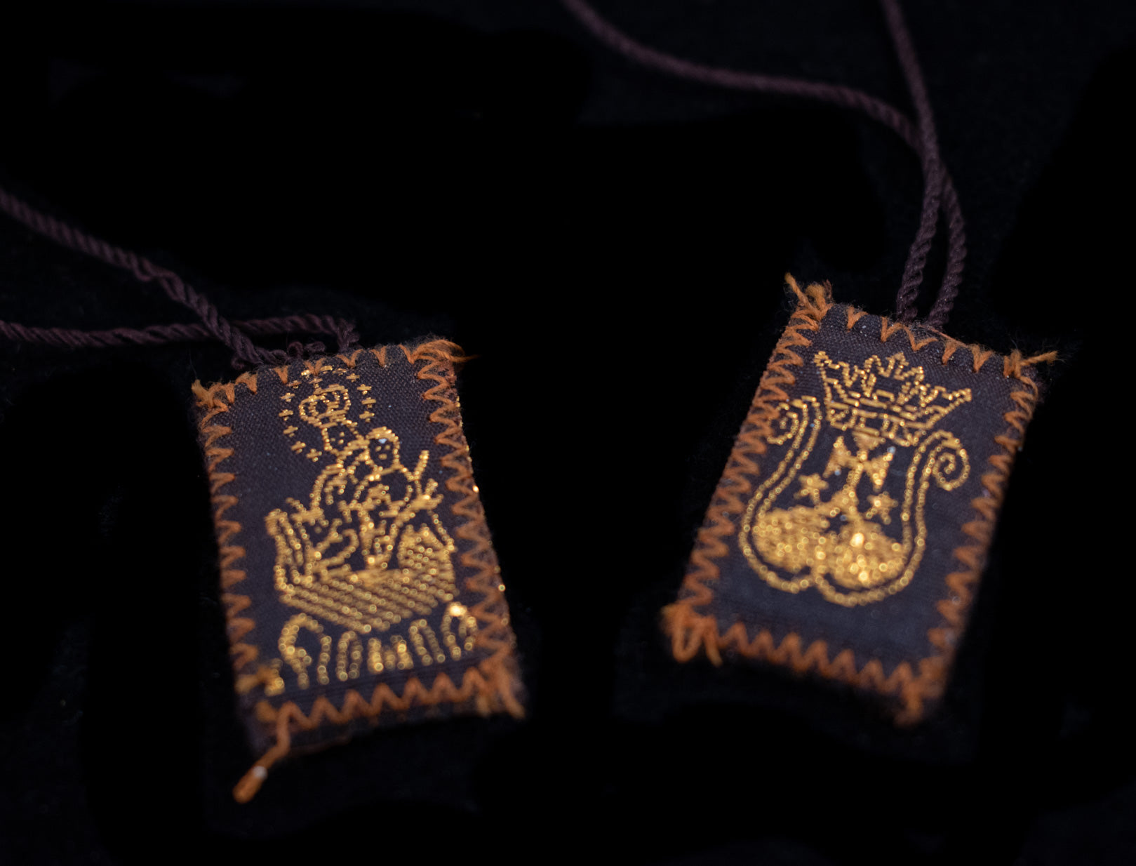 Vintage Carmel Brown Small Cloth Scapular Necklace Religious Mary & Carmelite Coat of Arms