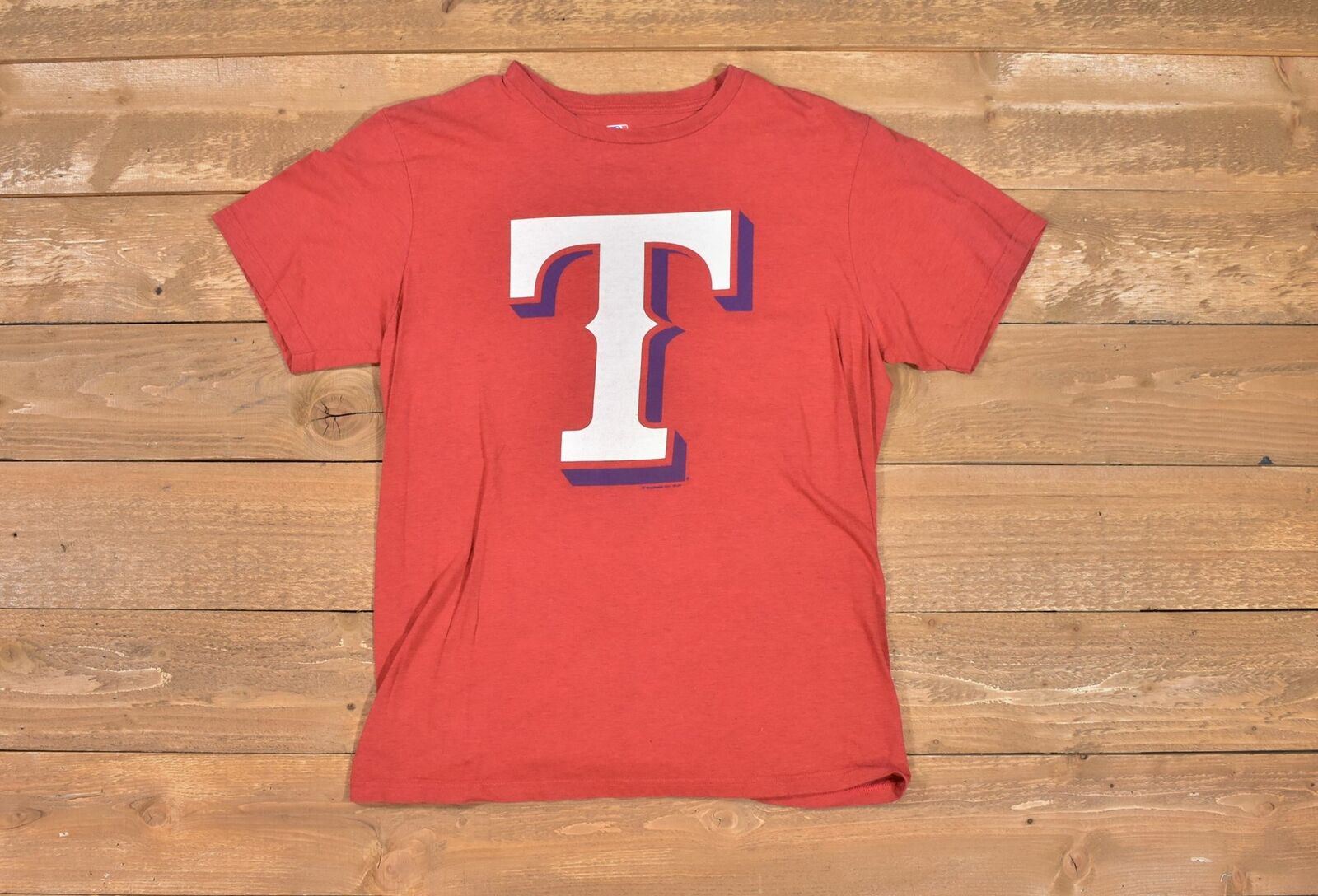 Texas Rangers Baseball T shirt mens Large Red tee MLB Majestic Used T logo authe