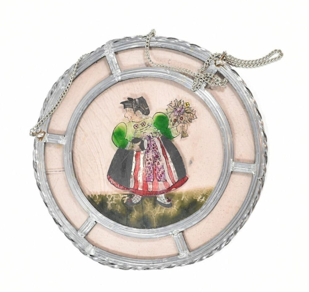 Stained Glass metal Hanging Circle Vintage Art Work England Lady