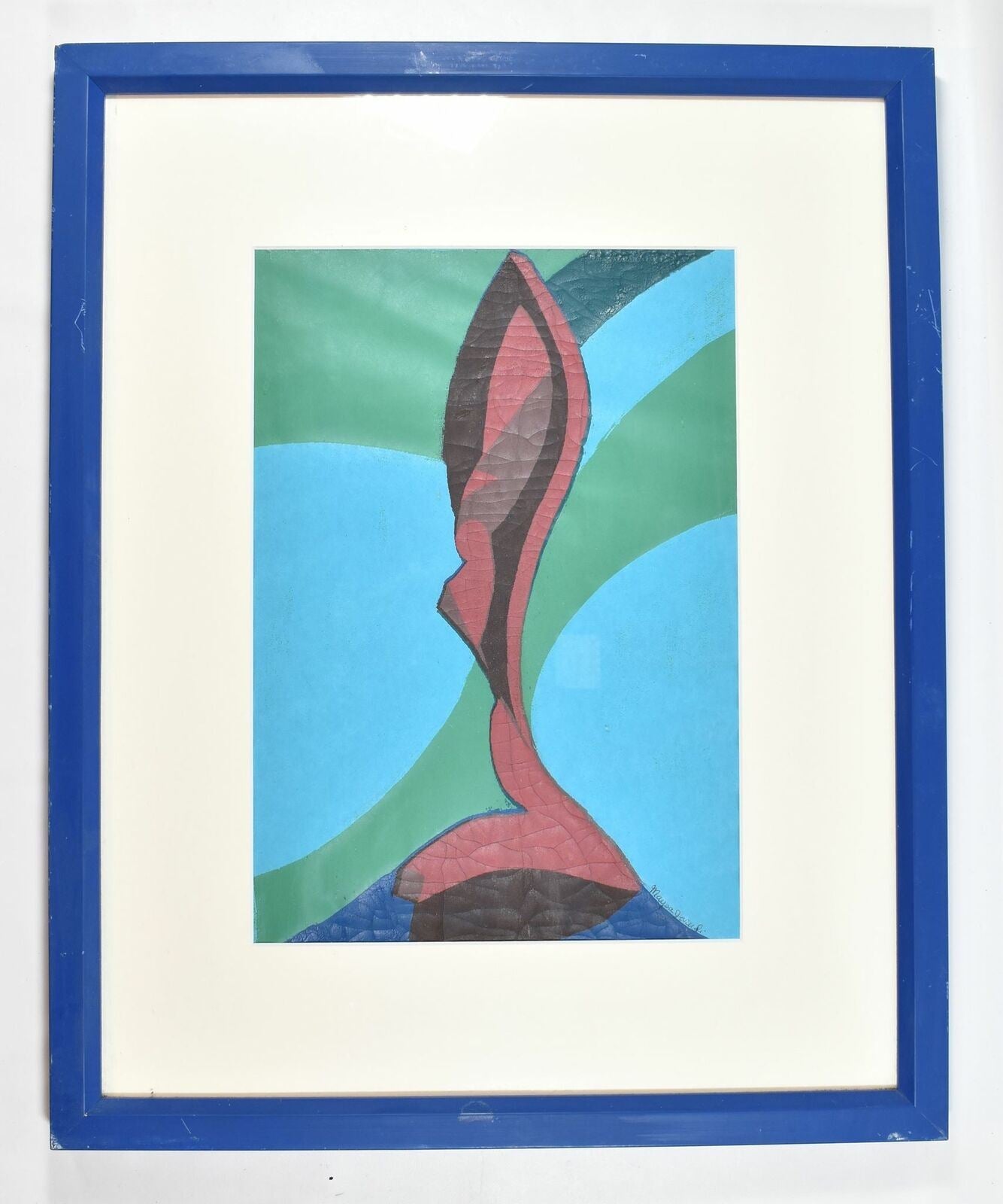 Vintage Artwork 16.5 x 20 Blue Framed Hand Painted Artwork Unknown Artist