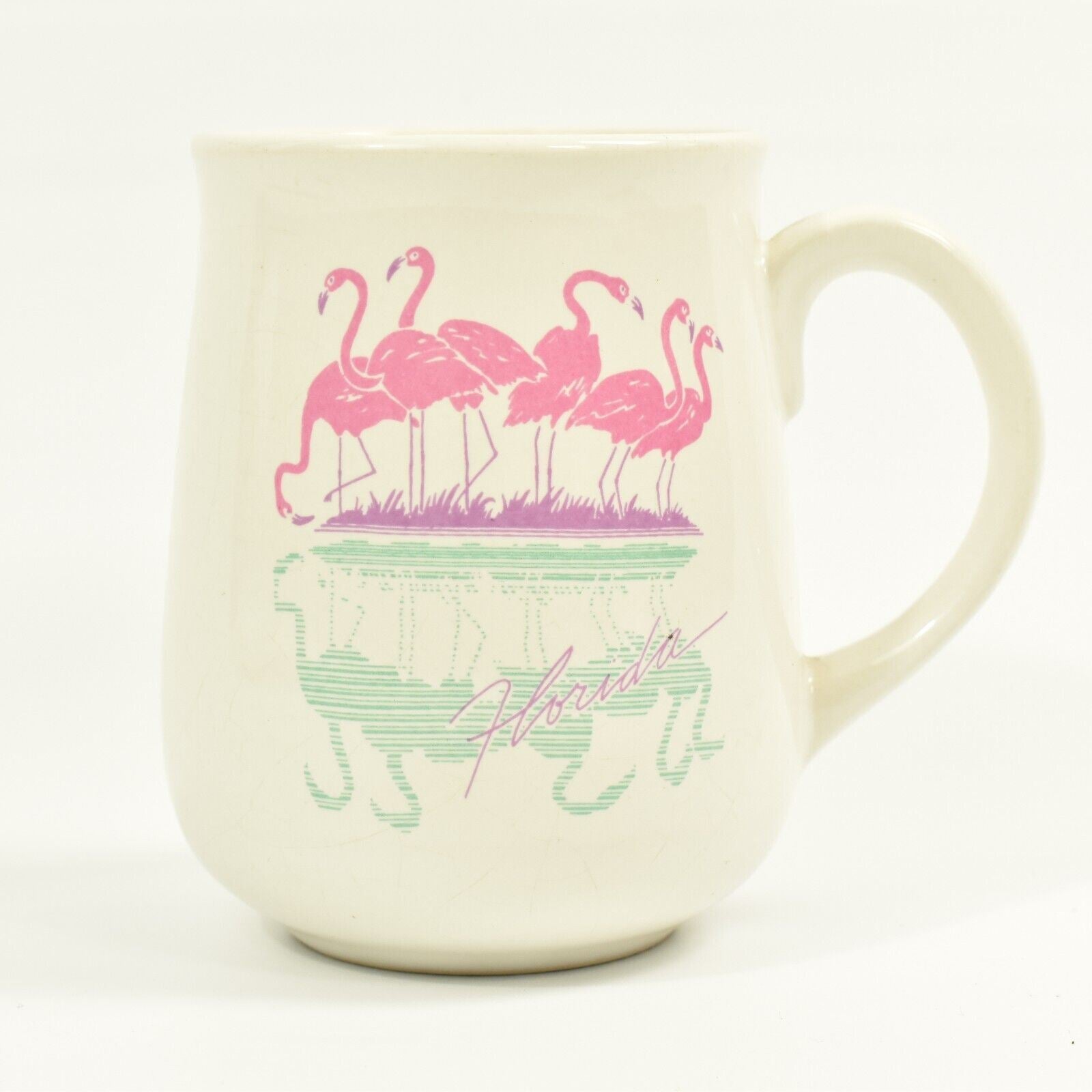 Vintage Flordia Mug Coffee Cup White Pink and Teal Used