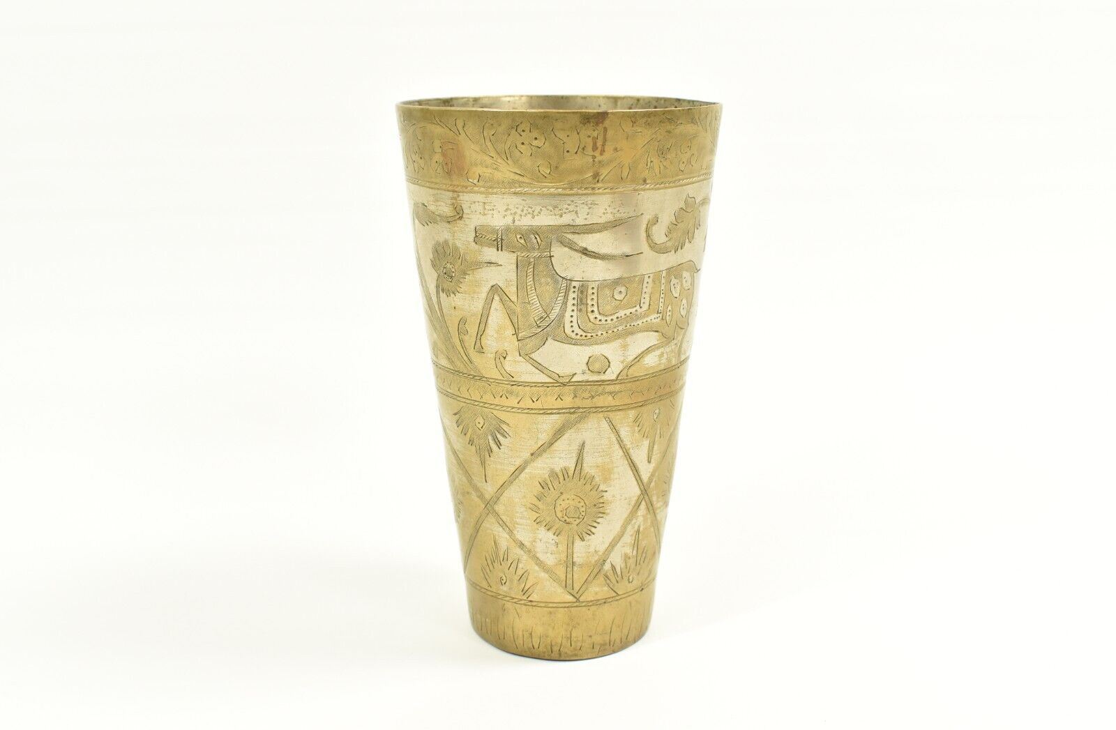 Antique Brass Drinking Cup Crafted Engraved Gold Used