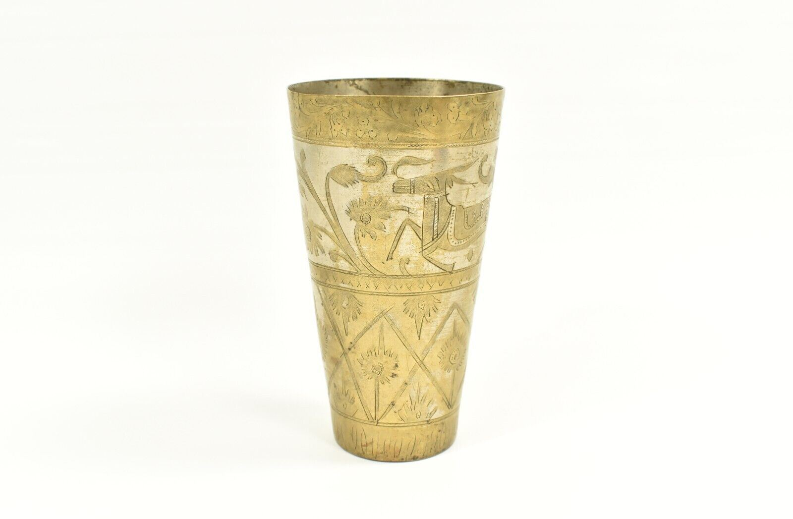 Antique Brass Drinking Cup Crafted Engraved Gold Used